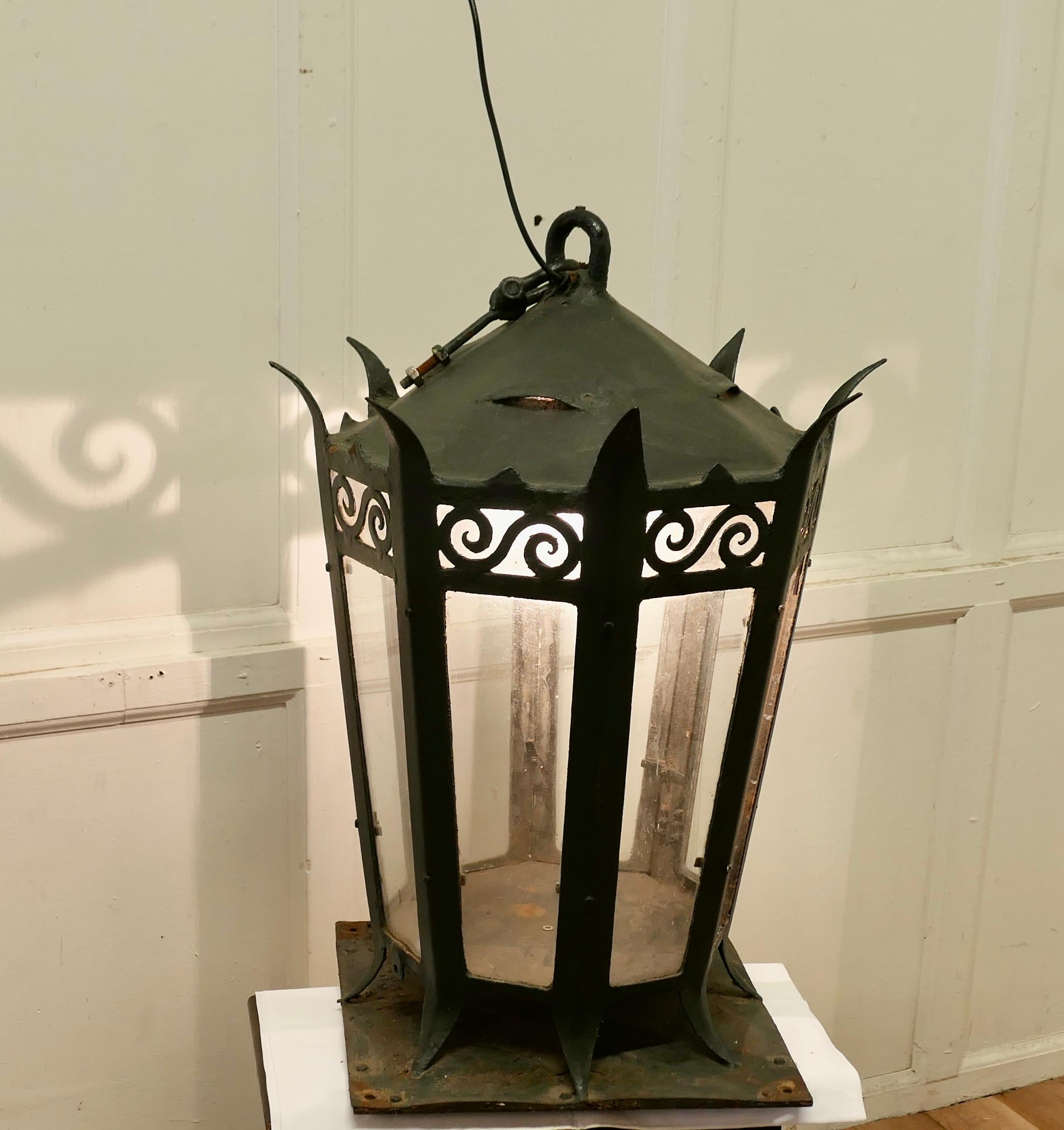 Arts and Crafts Large Gothic Iron Porch or Gate Post Lantern 