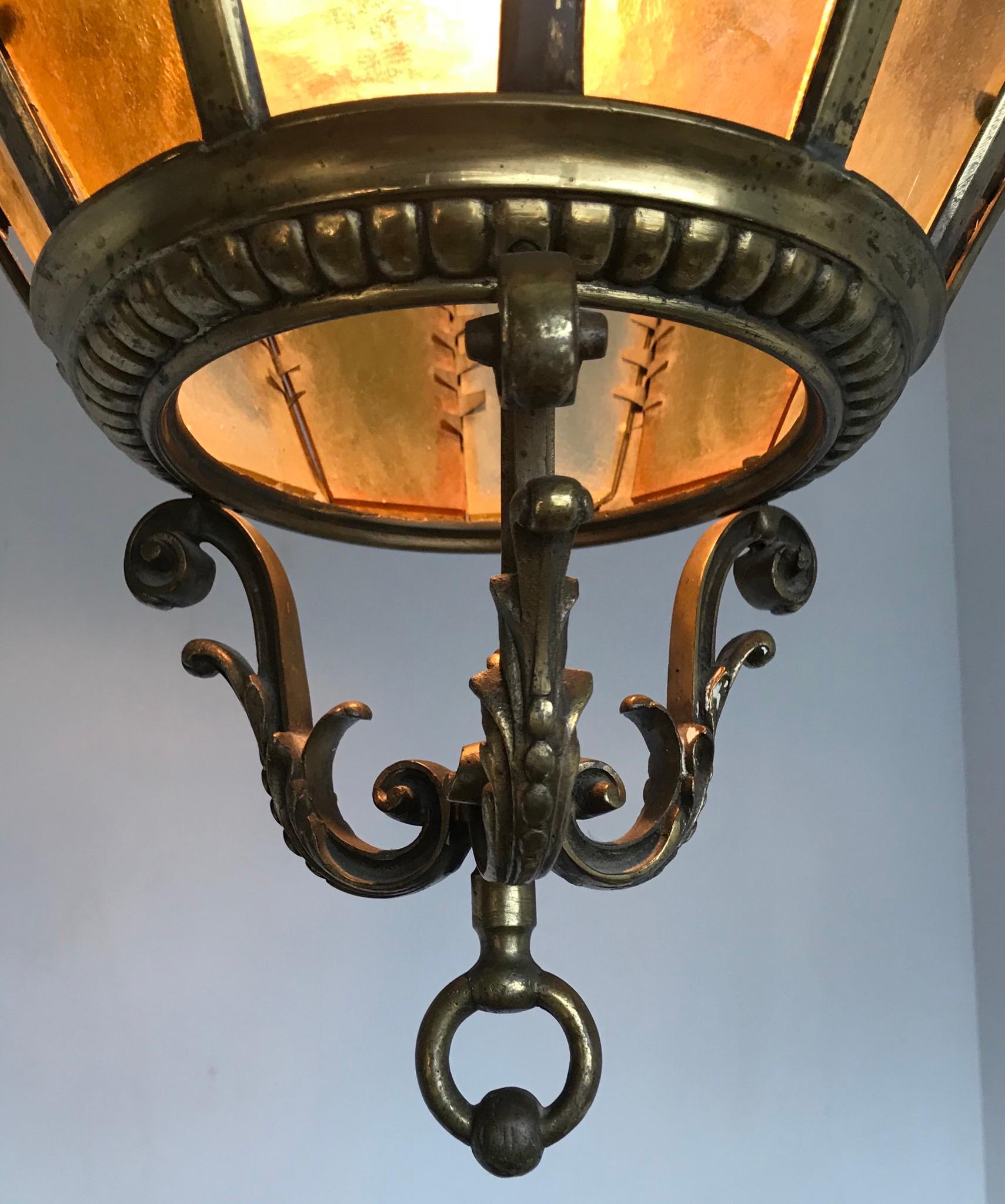 Large Gothic Revival Bronze and Two Tone Amber Glass Angular Pendant Lantern 2