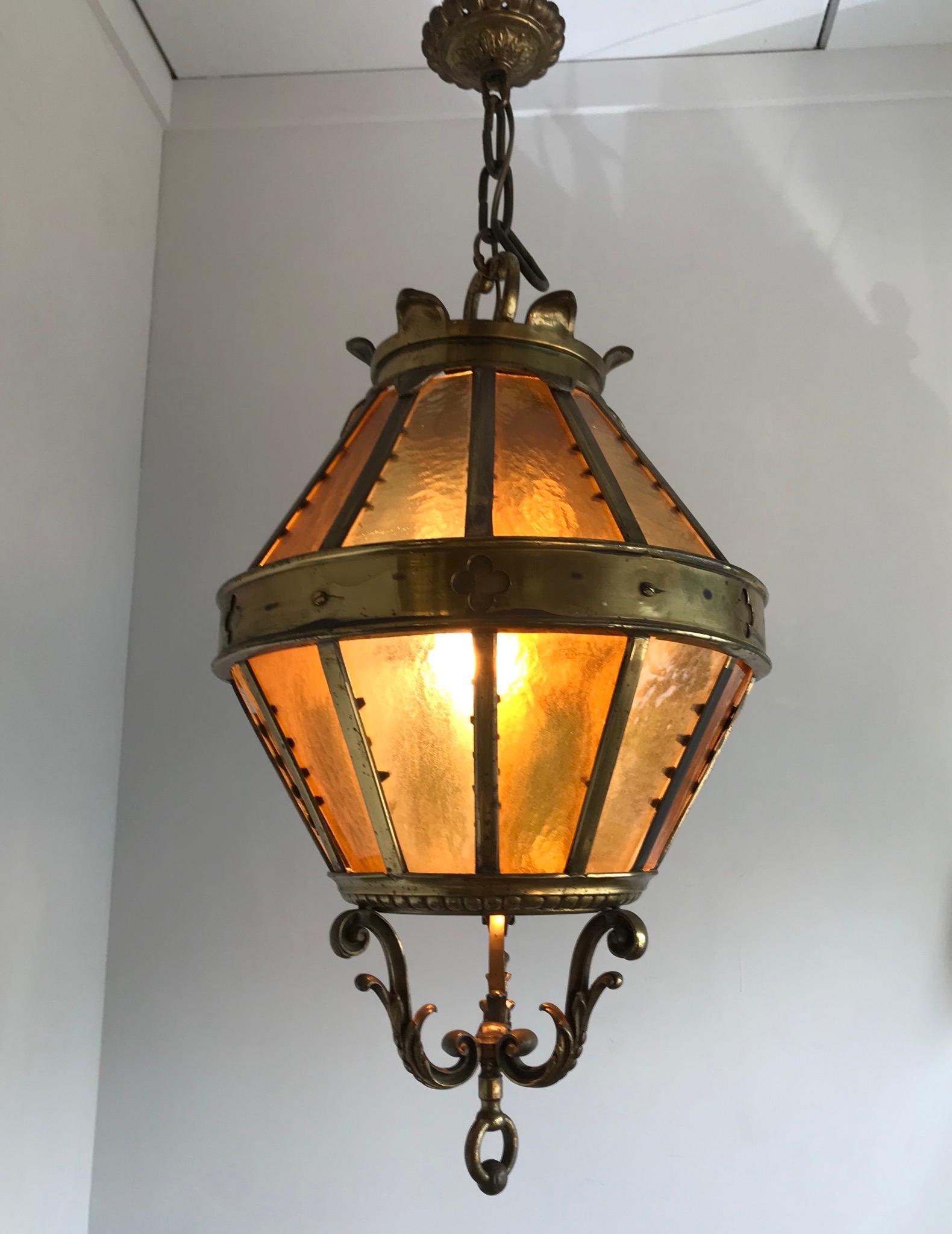 Large Gothic Revival Bronze and Two Tone Amber Glass Angular Pendant Lantern 4