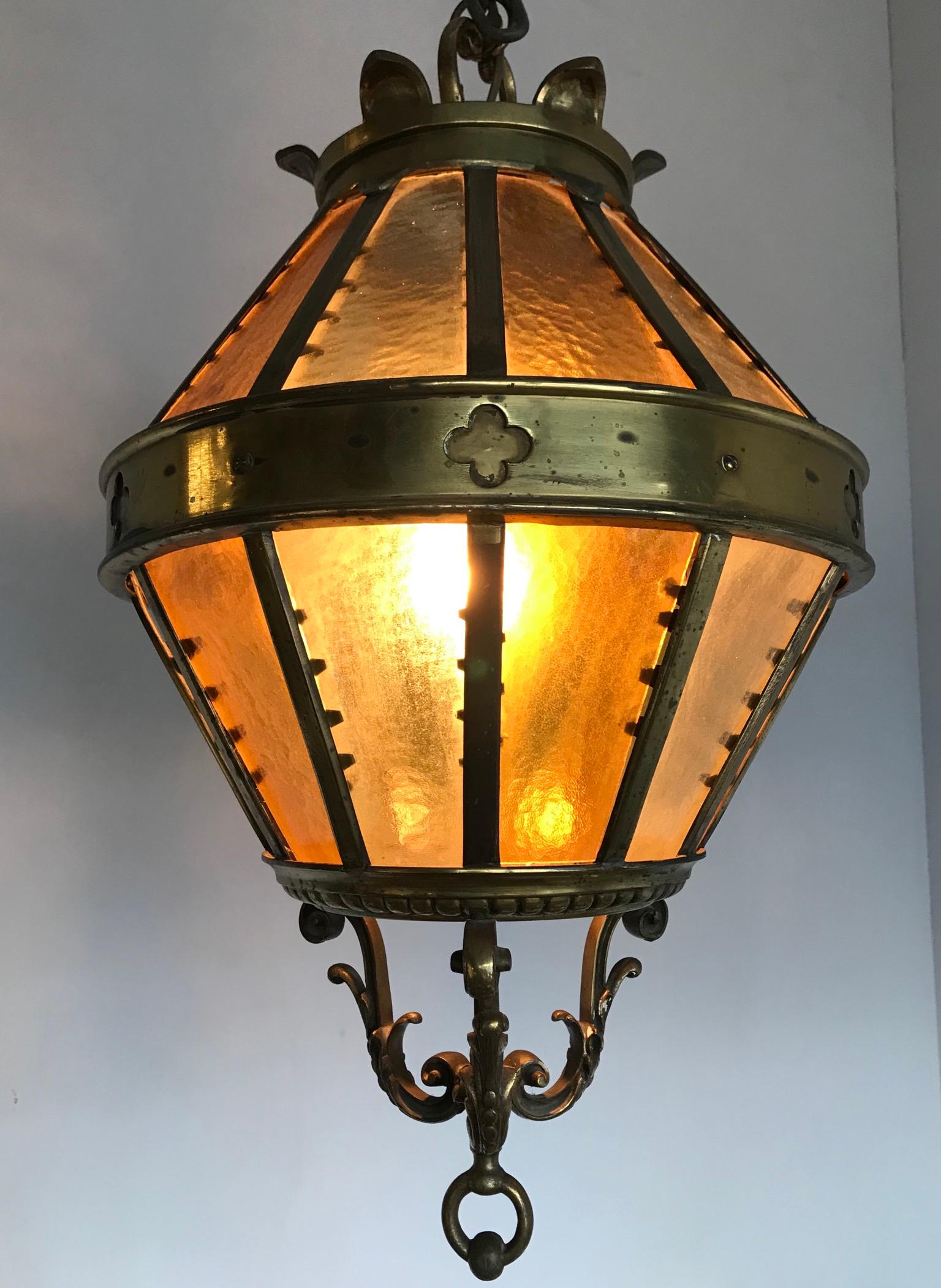Large Gothic Revival Bronze and Two Tone Amber Glass Angular Pendant Lantern 6