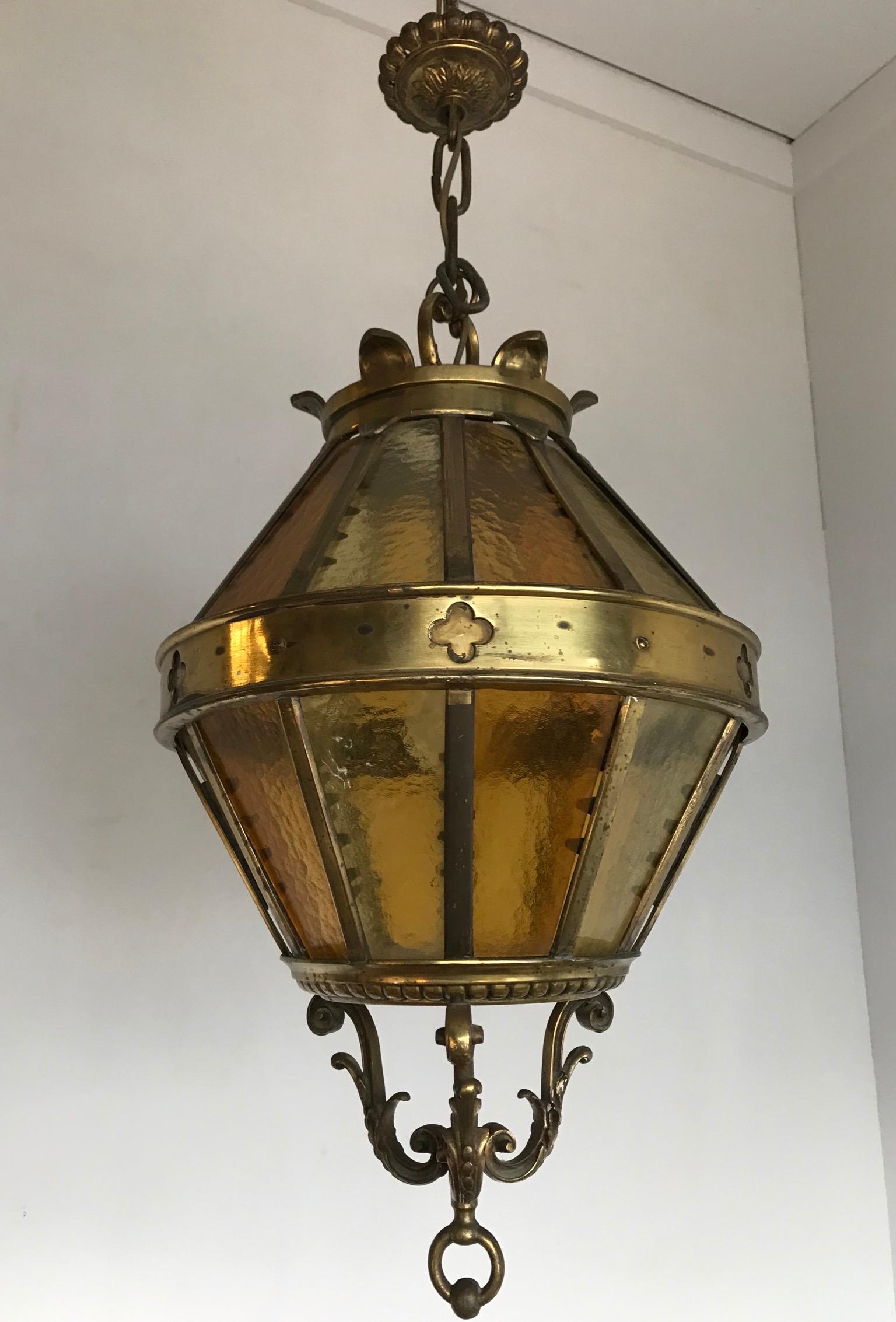 Large Gothic Revival Bronze and Two Tone Amber Glass Angular Pendant Lantern 9