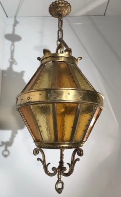 Large Gothic Revival Bronze and Two Tone Amber Glass Angular Pendant Lantern