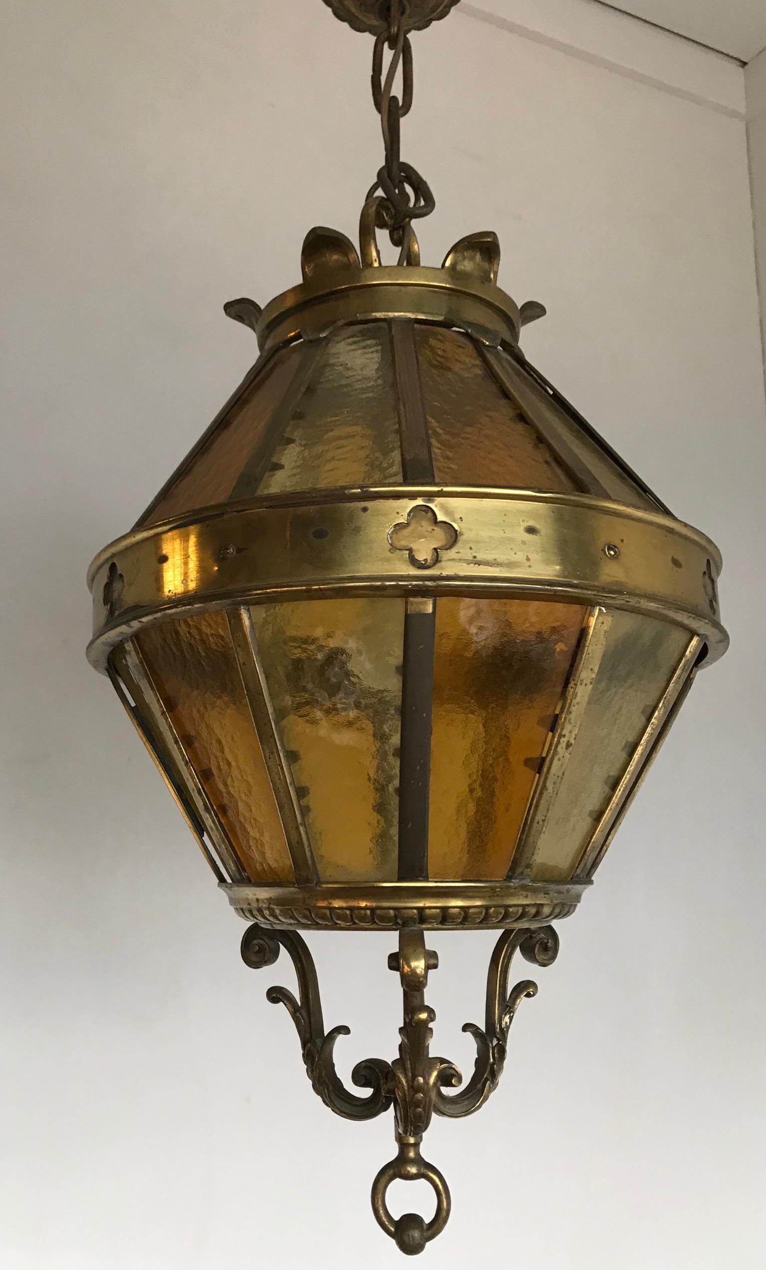 Hand-Crafted Large Gothic Revival Bronze and Two Tone Amber Glass Angular Pendant Lantern