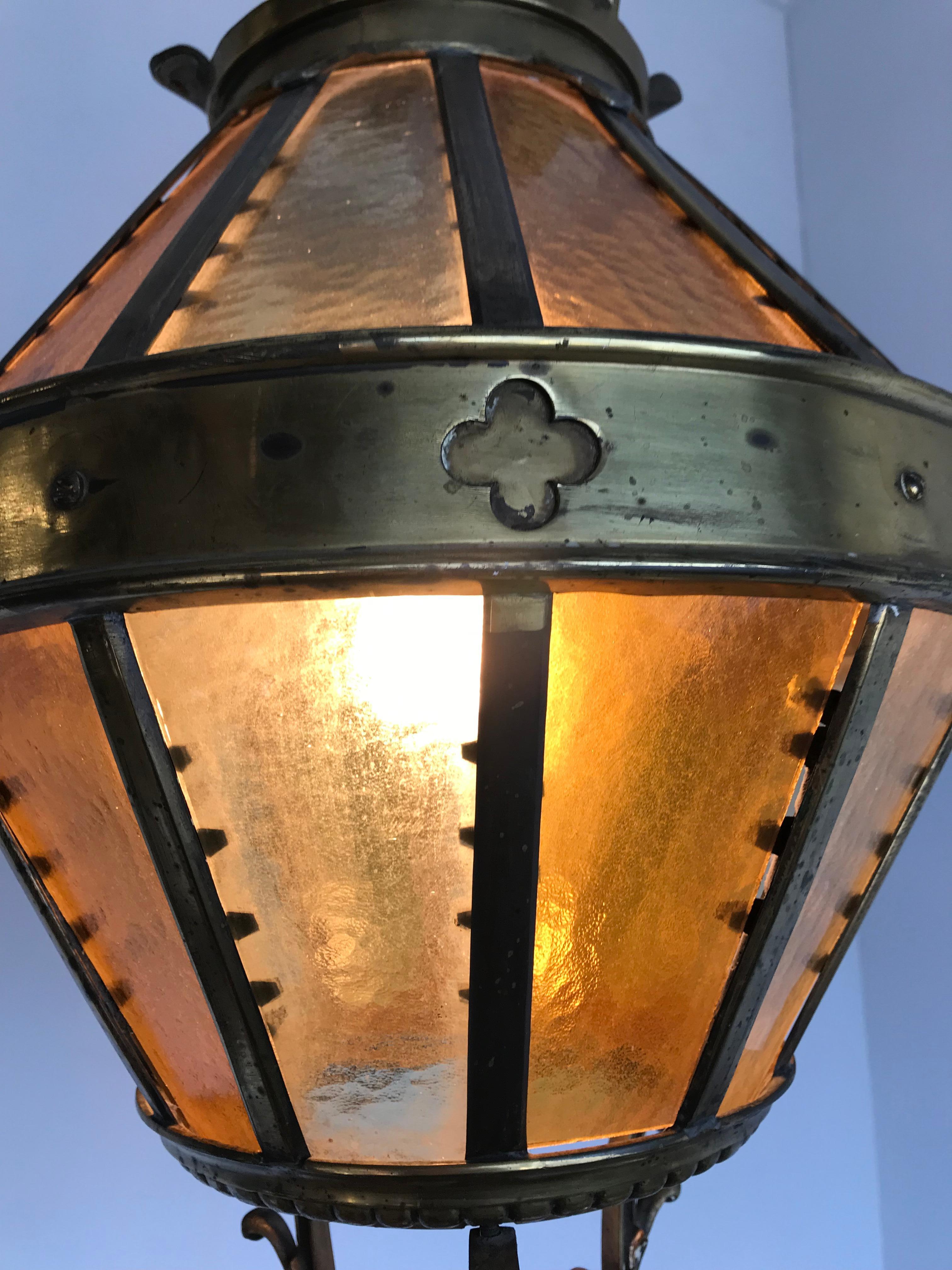 20th Century Large Gothic Revival Bronze and Two Tone Amber Glass Angular Pendant Lantern