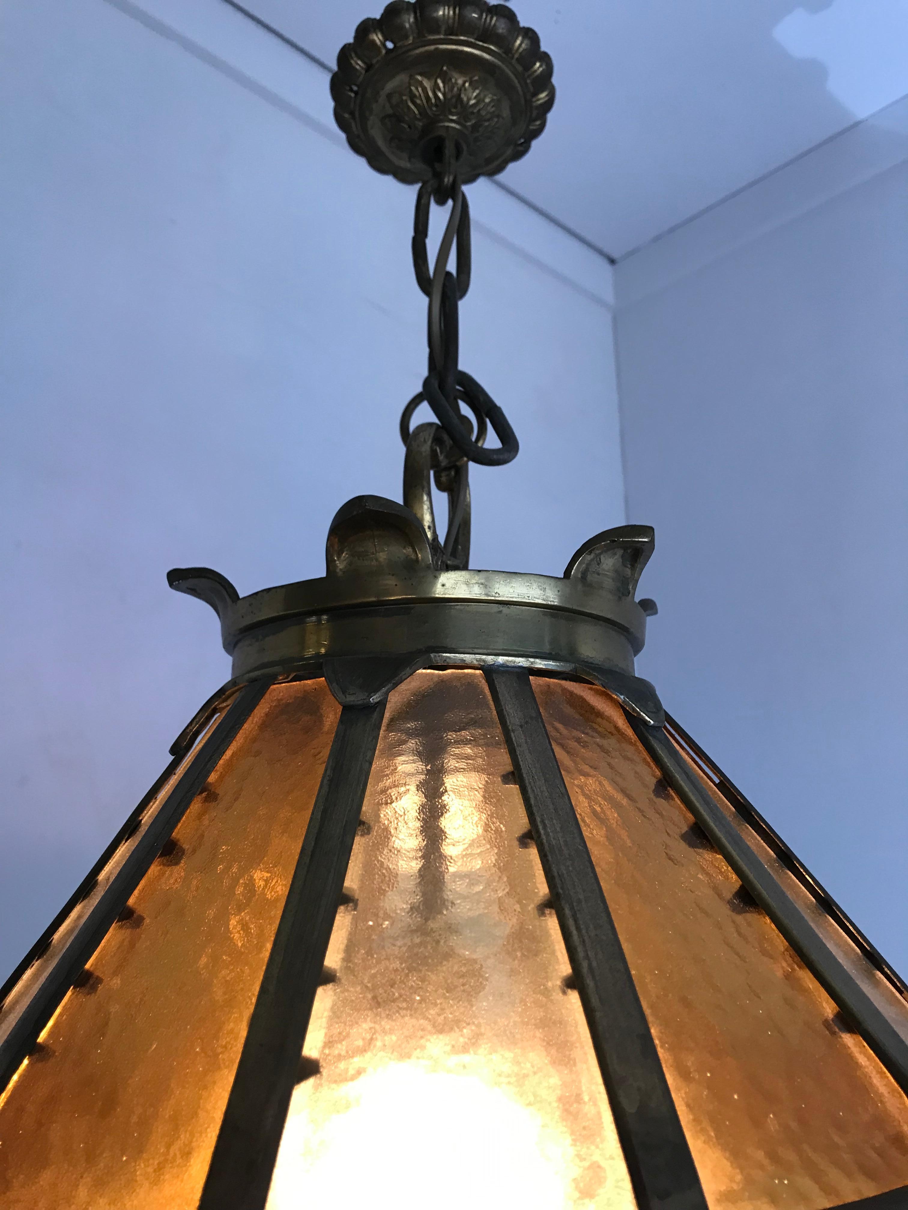 Large Gothic Revival Bronze and Two Tone Amber Glass Angular Pendant Lantern 1