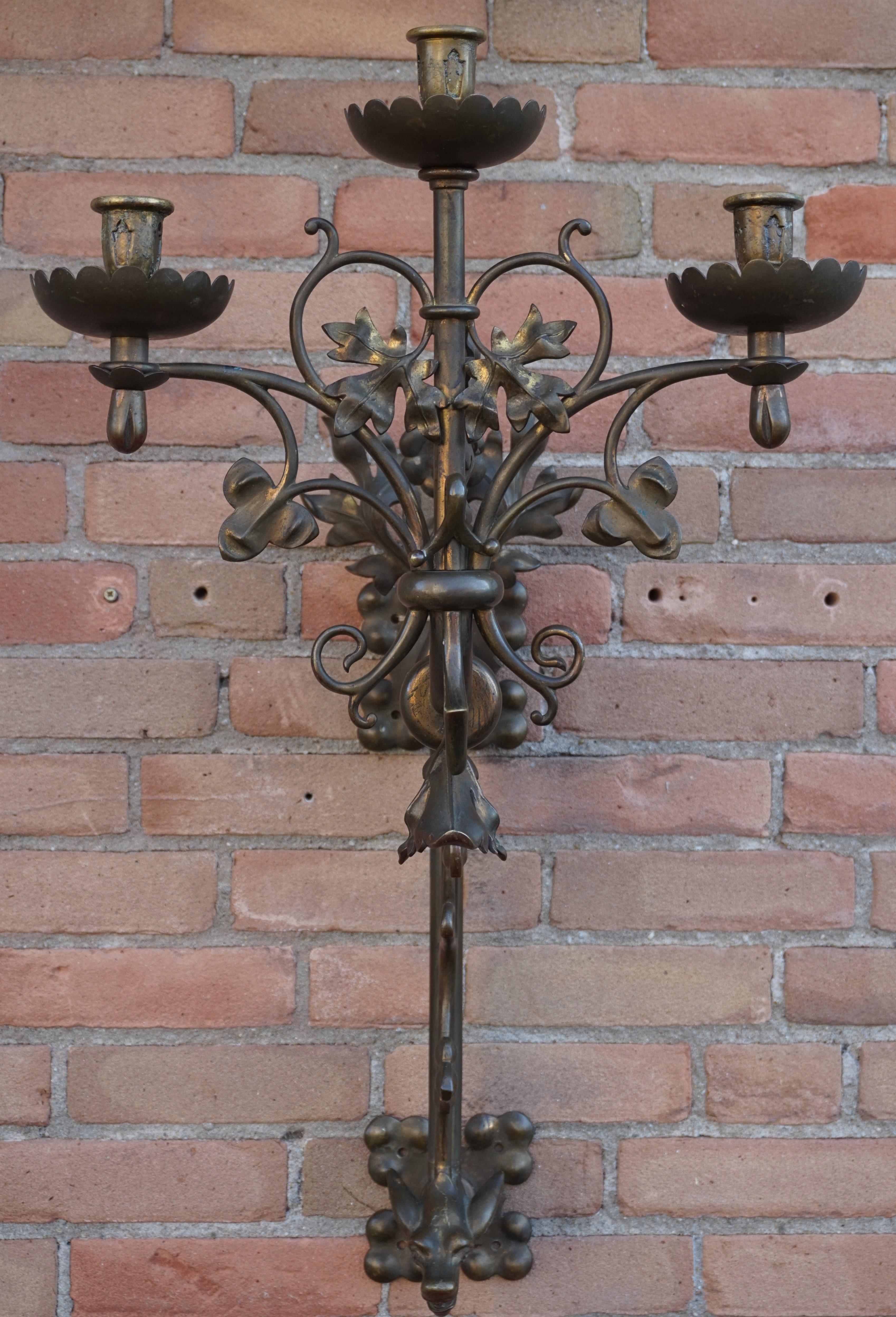 Large Gothic Revival Bronze & Brass Wall Candelabra/Candle Sconce with Gargoyle 1