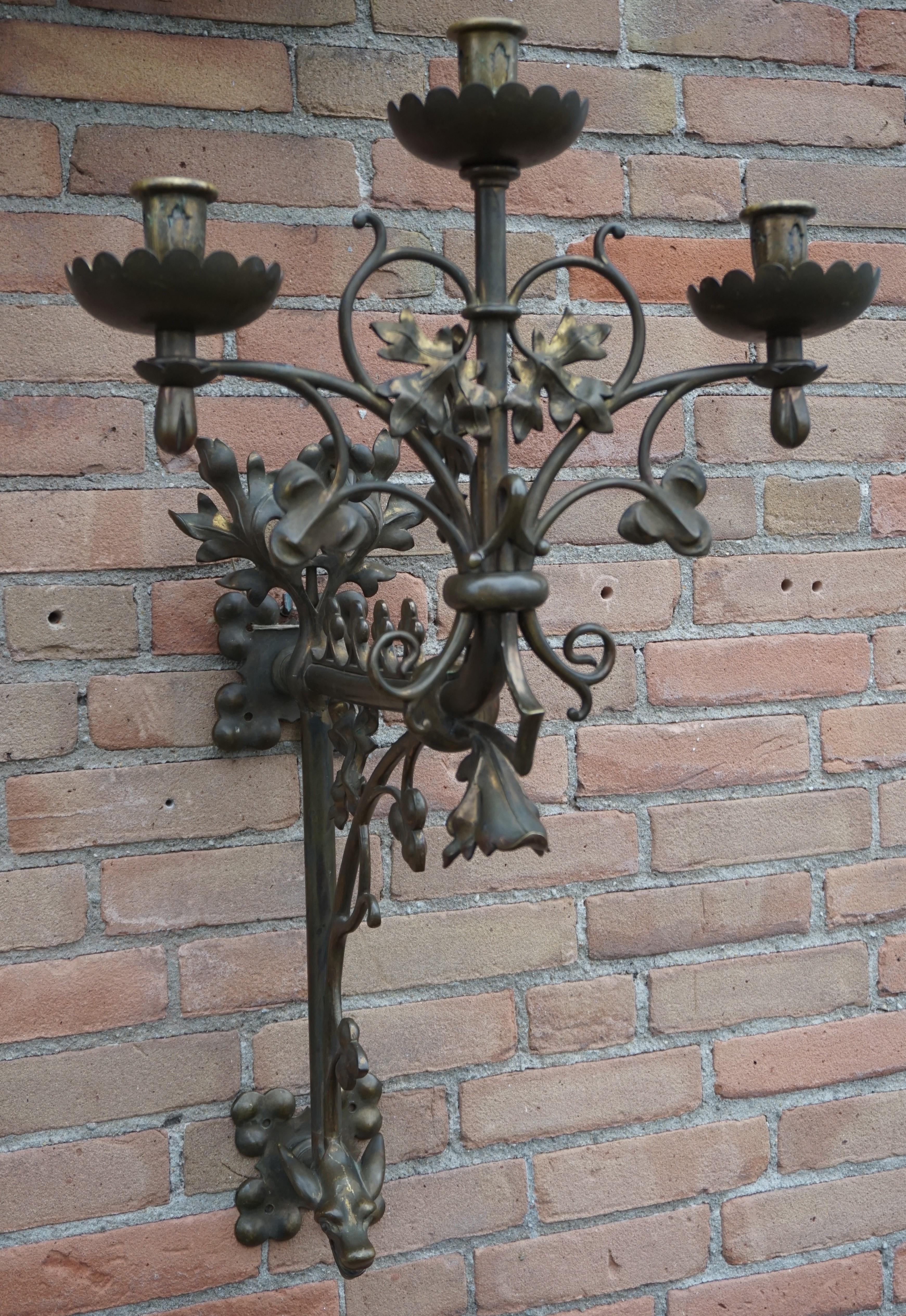 Large Gothic Revival Bronze & Brass Wall Candelabra/Candle Sconce with Gargoyle 6