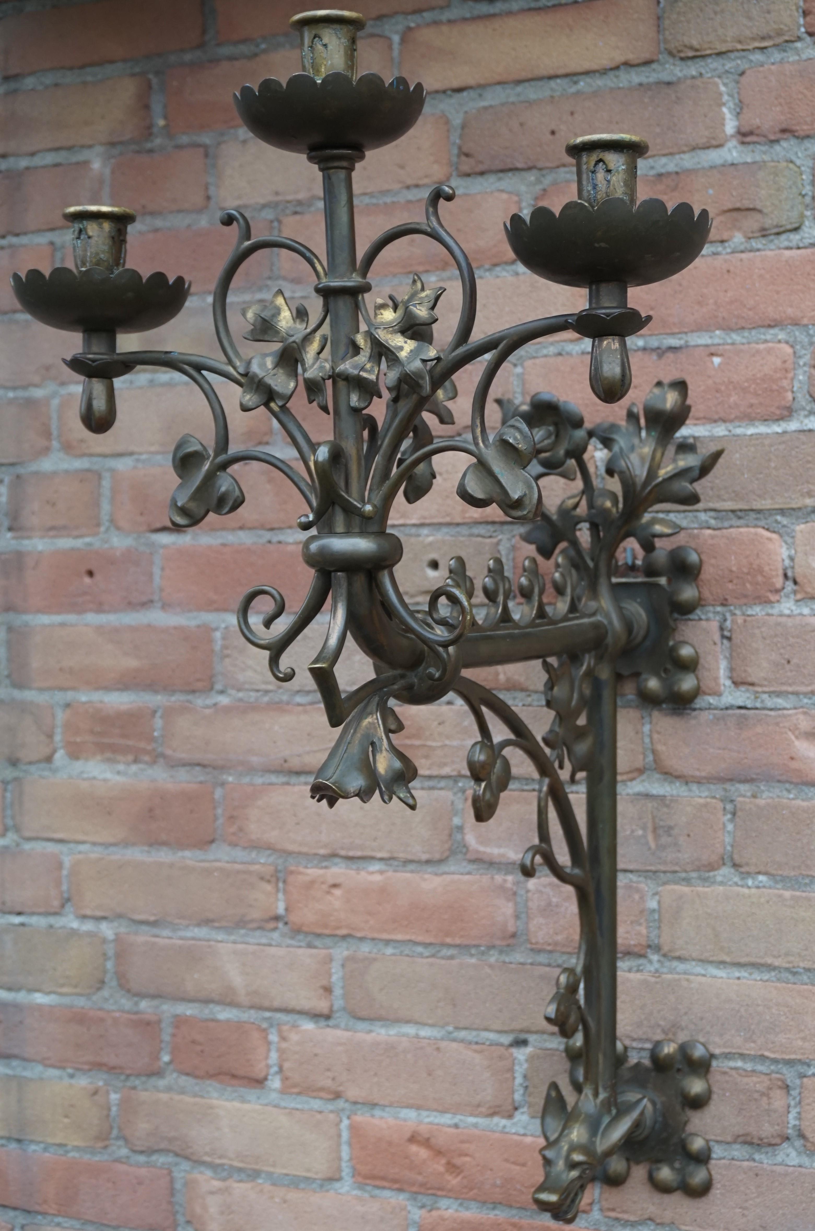 Large Gothic Revival Bronze & Brass Wall Candelabra/Candle Sconce with Gargoyle 8