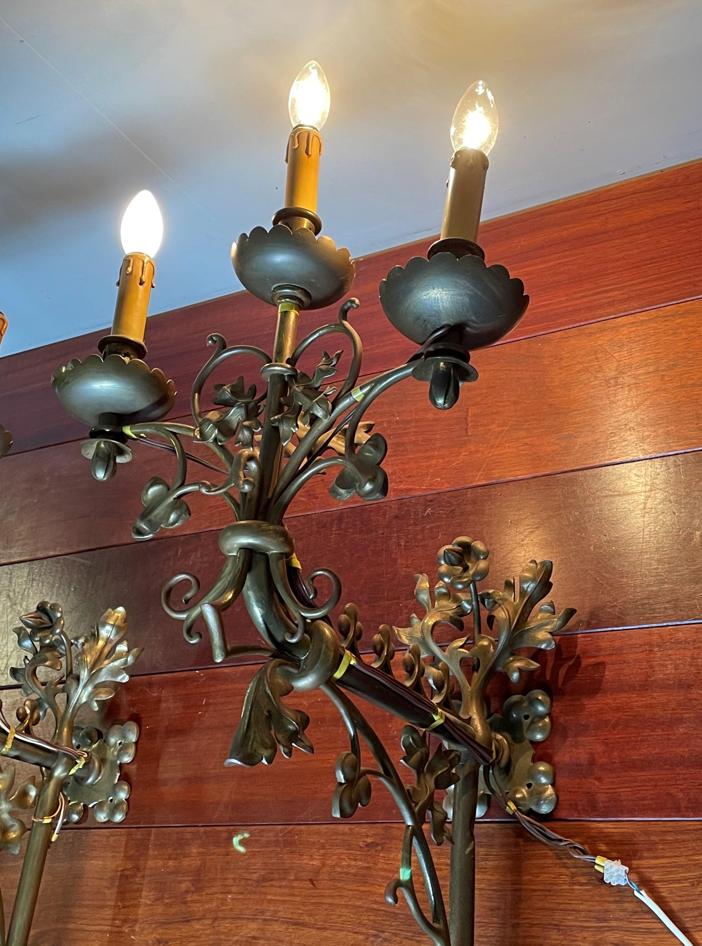 Large Gothic Revival Bronze Candelabra Wall Sconces / Candle Sconce w. Gargoyles For Sale 1