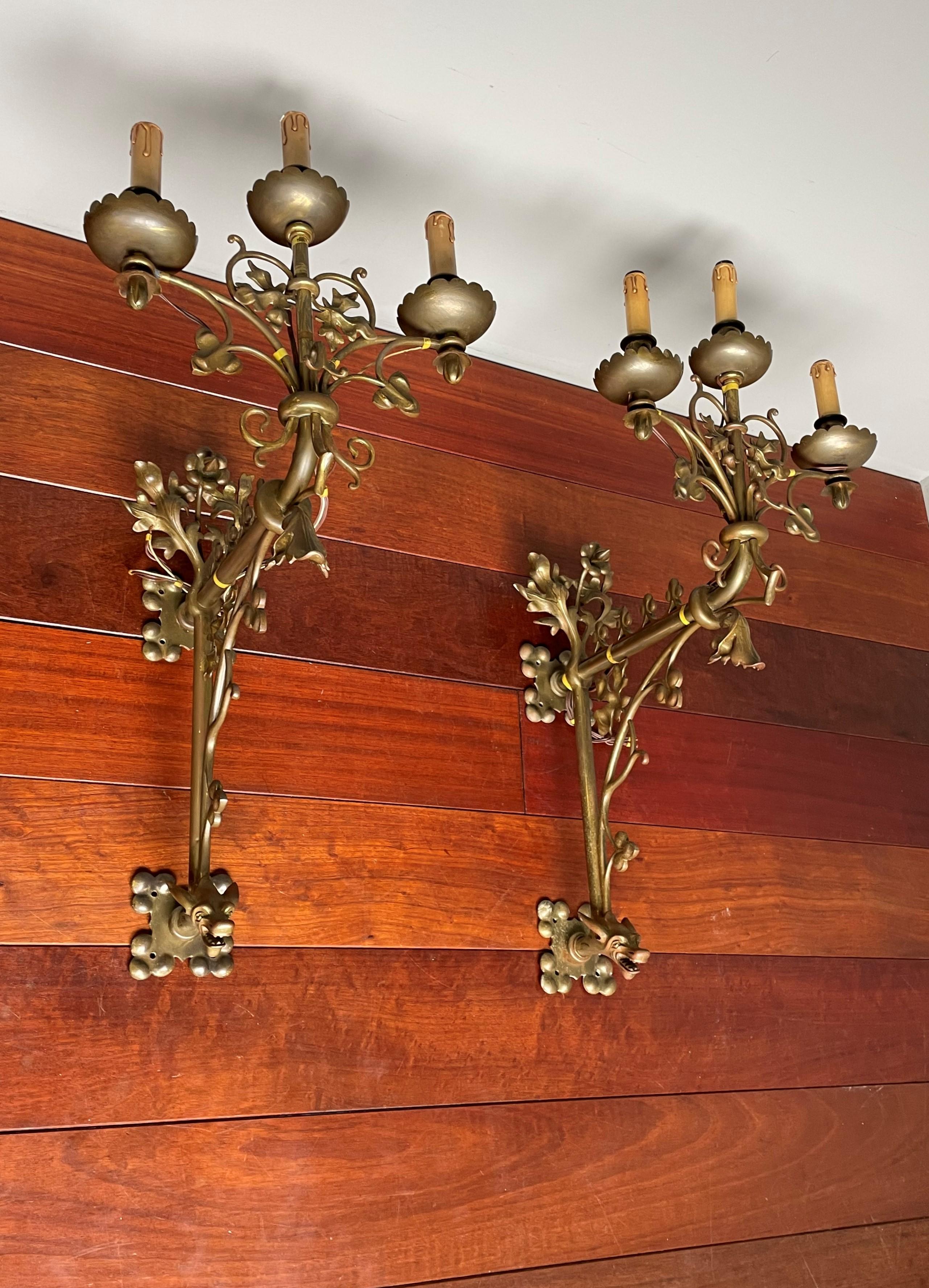 Large Gothic Revival Bronze Candelabra Wall Sconces / Candle Sconce w. Gargoyles For Sale 7