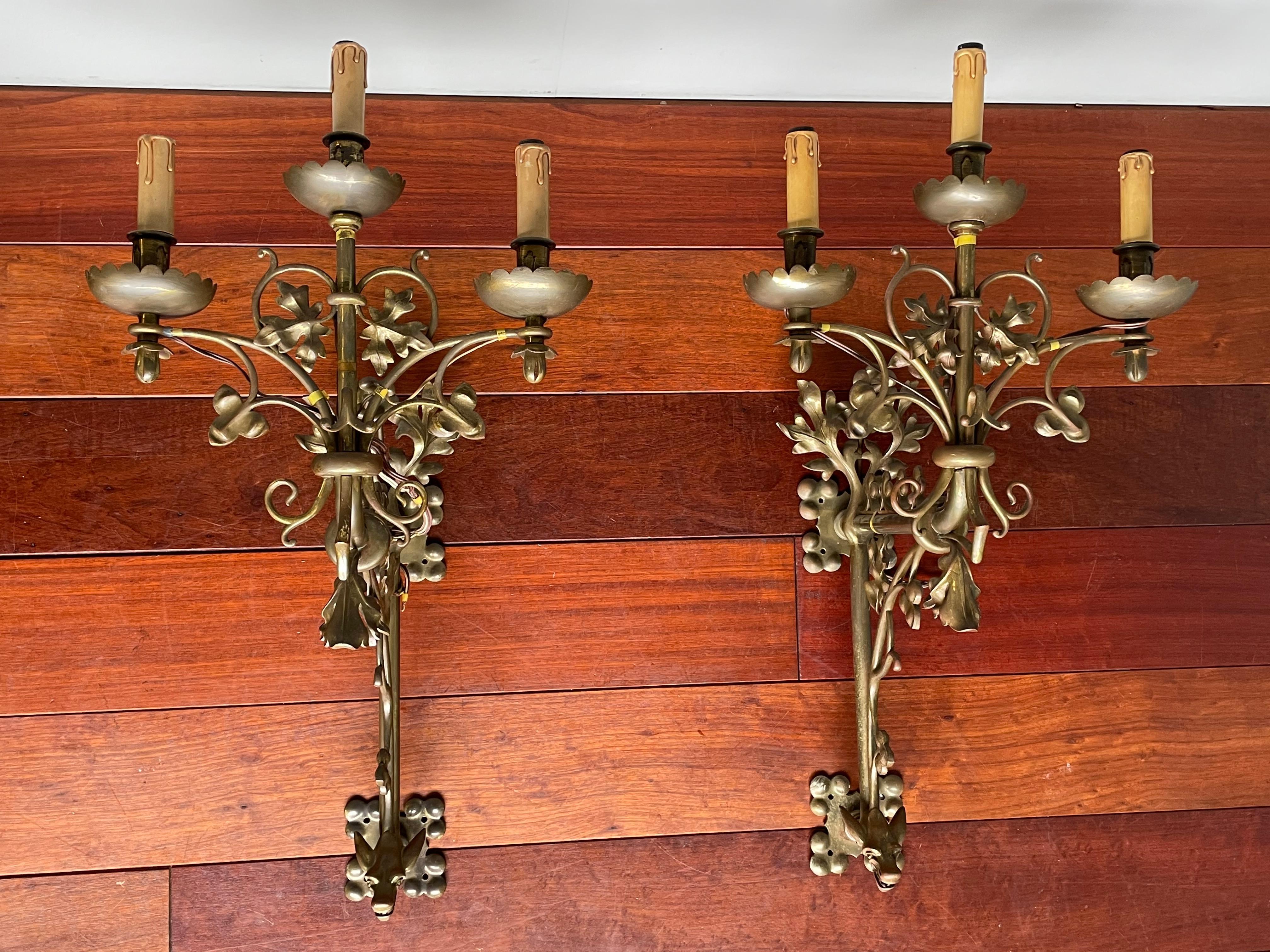 Large Gothic Revival Bronze Candelabra Wall Sconces / Candle Sconce w. Gargoyles For Sale 9