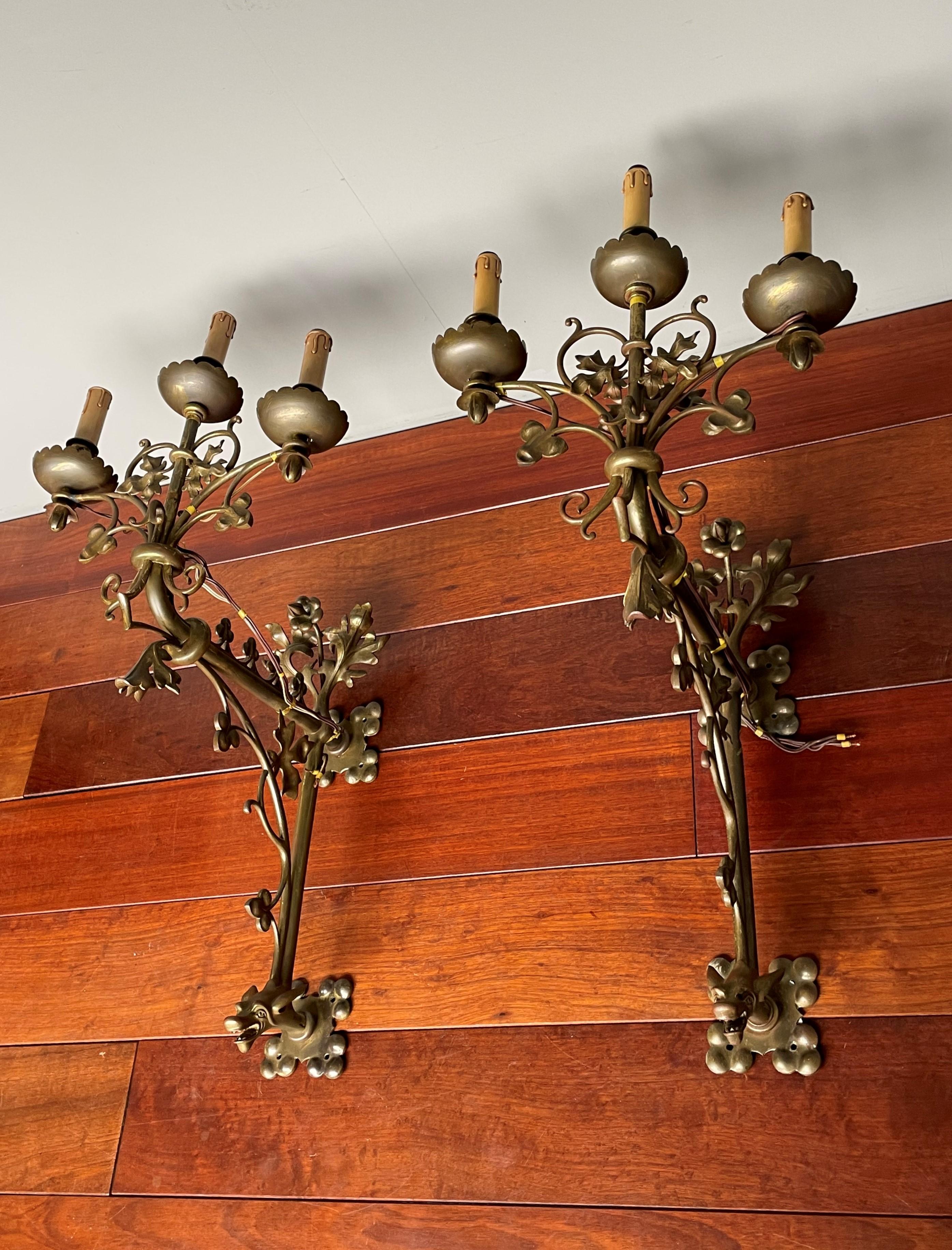 Large Gothic Revival Bronze Candelabra Wall Sconces / Candle Sconce w. Gargoyles For Sale 10