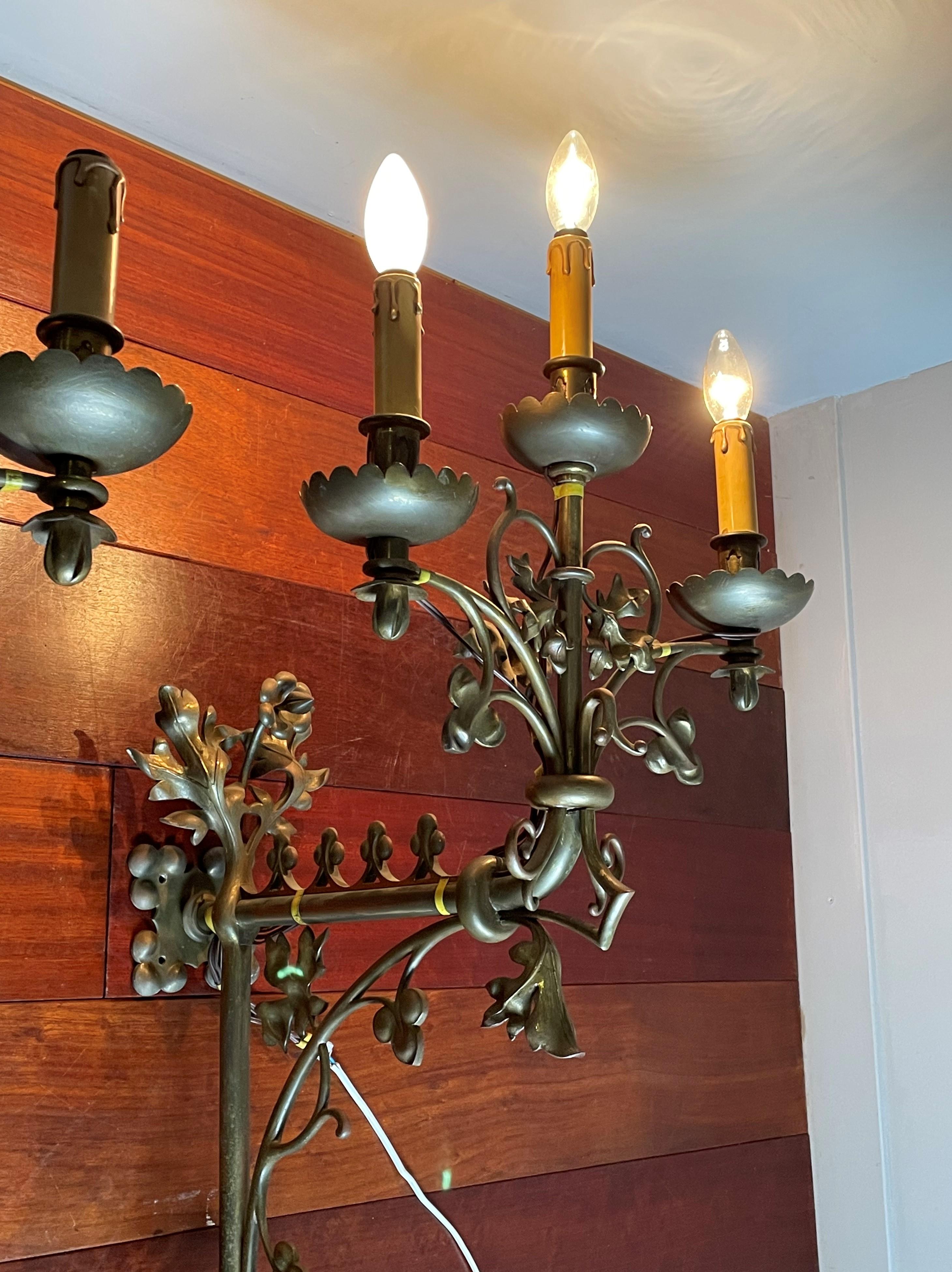 Large Gothic Revival Bronze Candelabra Wall Sconces / Candle Sconce w. Gargoyles For Sale 8