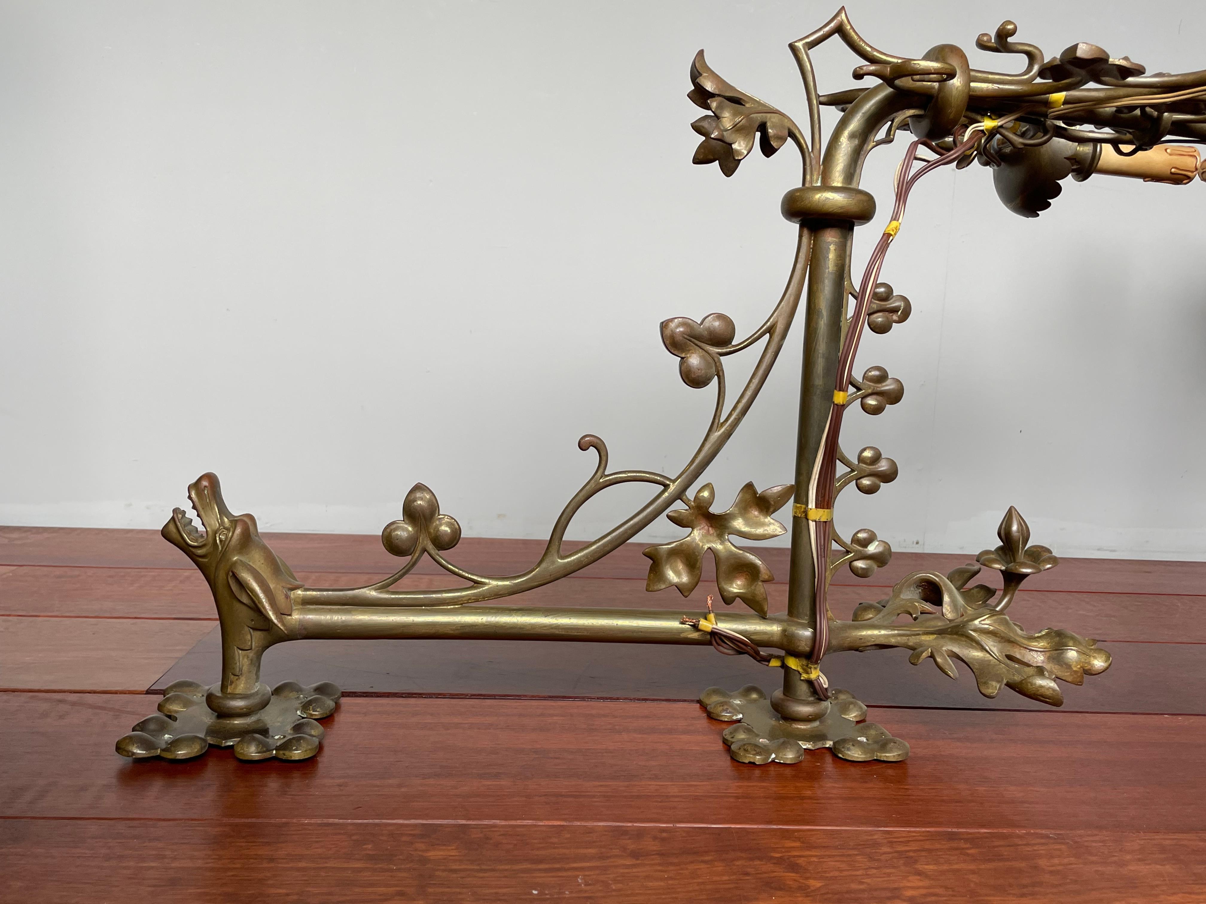 Cast Large Gothic Revival Bronze Candelabra Wall Sconces / Candle Sconce w. Gargoyles For Sale