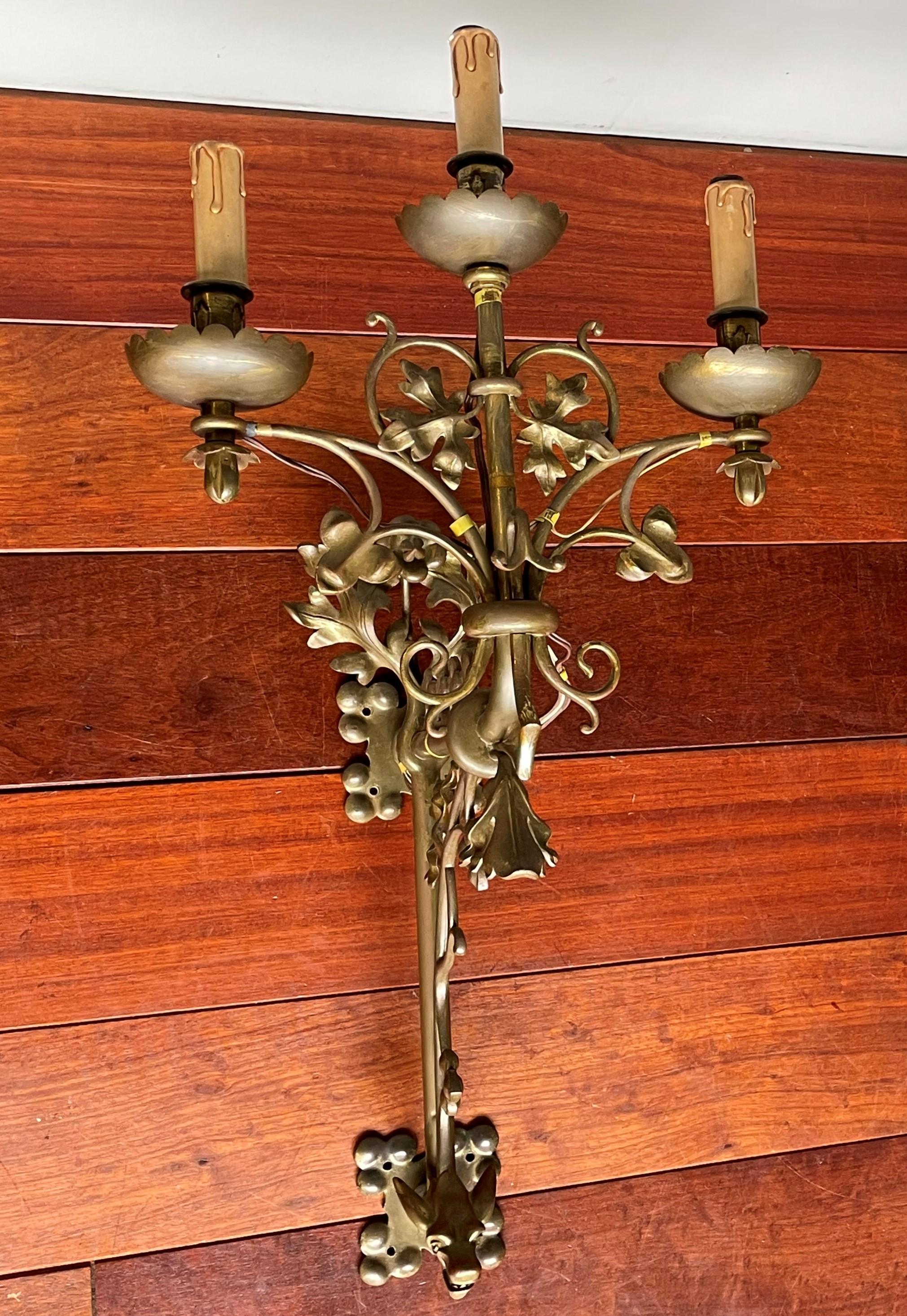 19th Century Large Gothic Revival Bronze Candelabra Wall Sconces / Candle Sconce w. Gargoyles For Sale