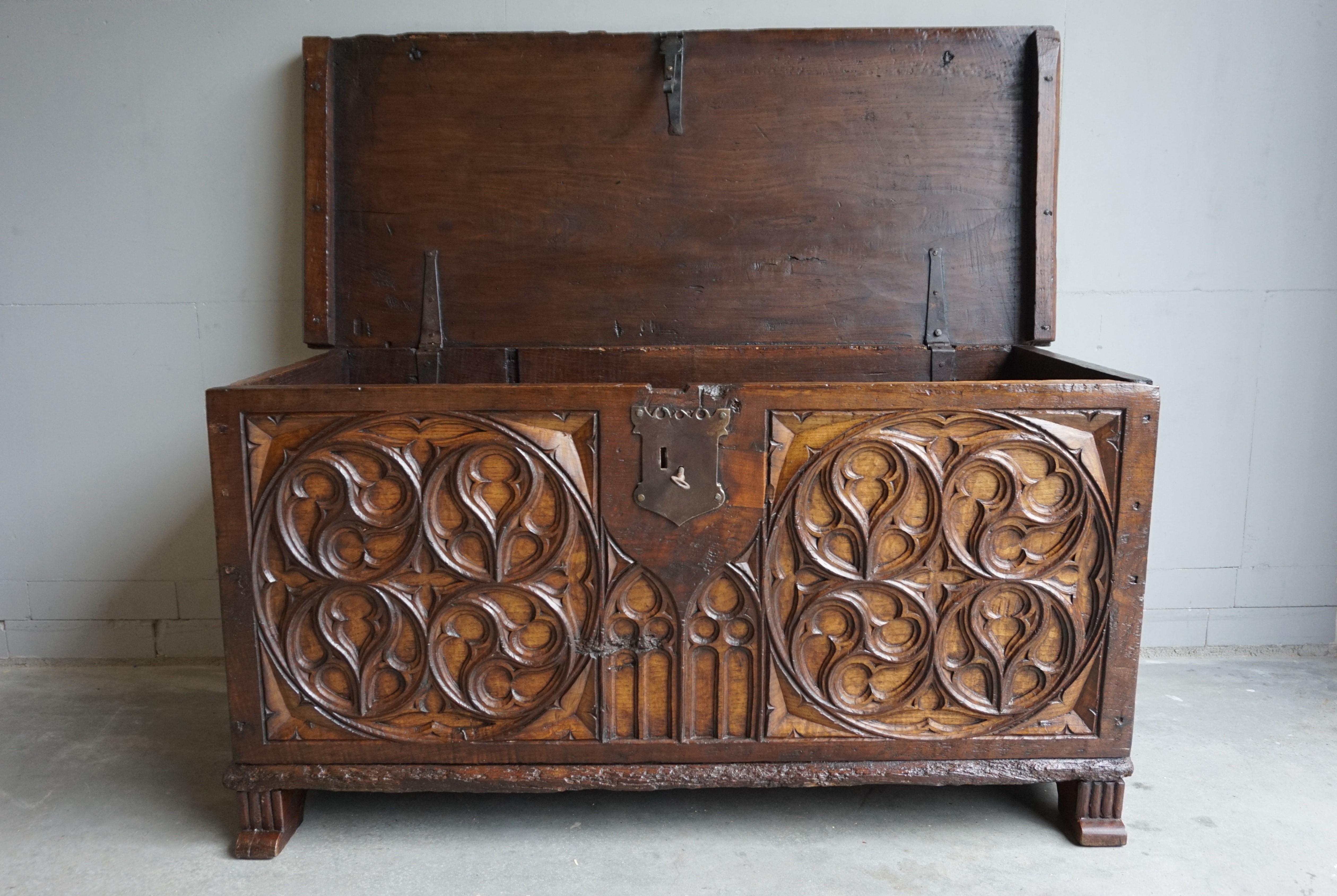 European Large Gothic Revival Hand Carved Elm Blanket Chest w. Perfect Working Lock & Key