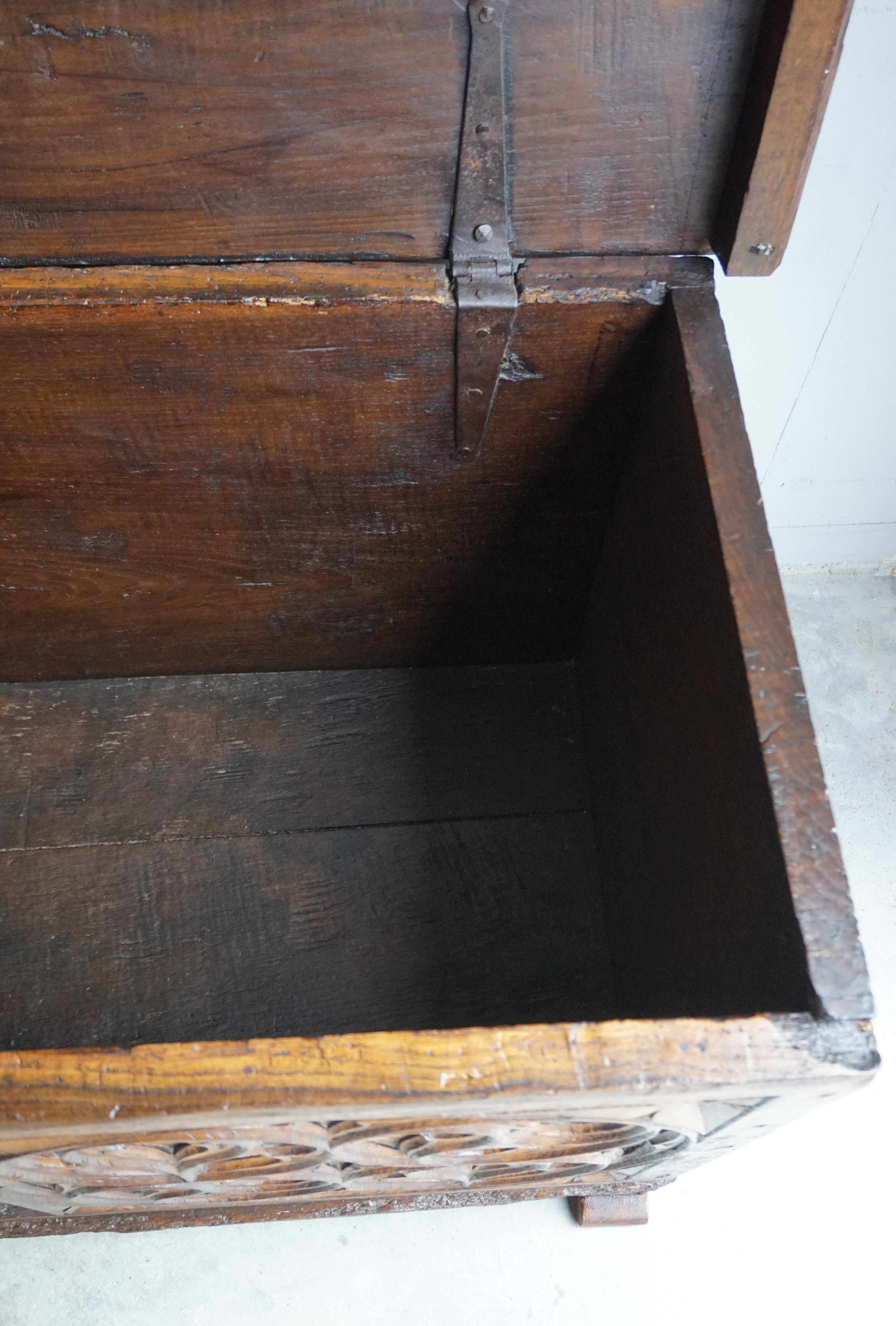 18th Century Large Gothic Revival Hand Carved Elm Blanket Chest w. Perfect Working Lock & Key