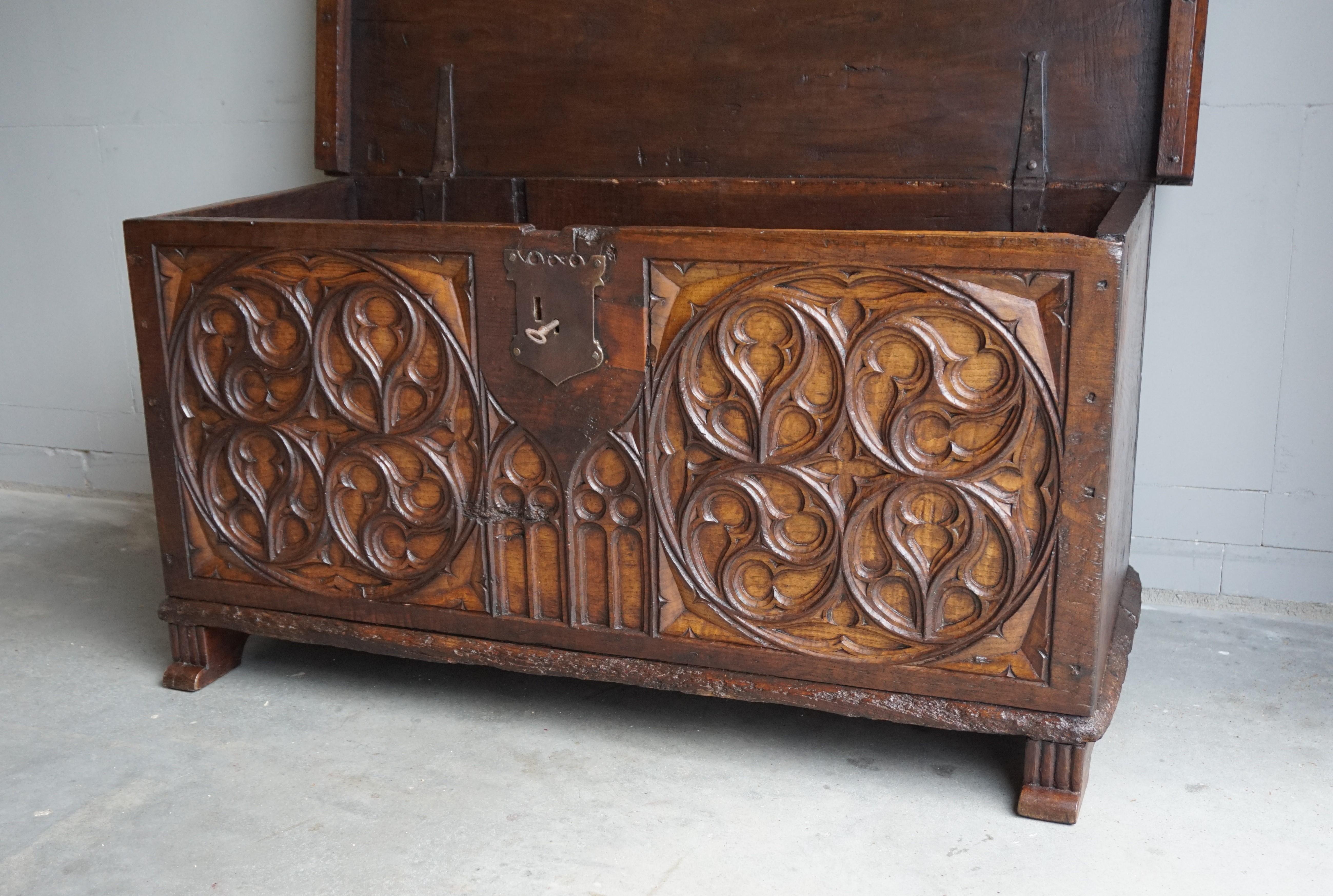 Large Gothic Revival Hand Carved Elm Blanket Chest w. Perfect Working Lock & Key 1