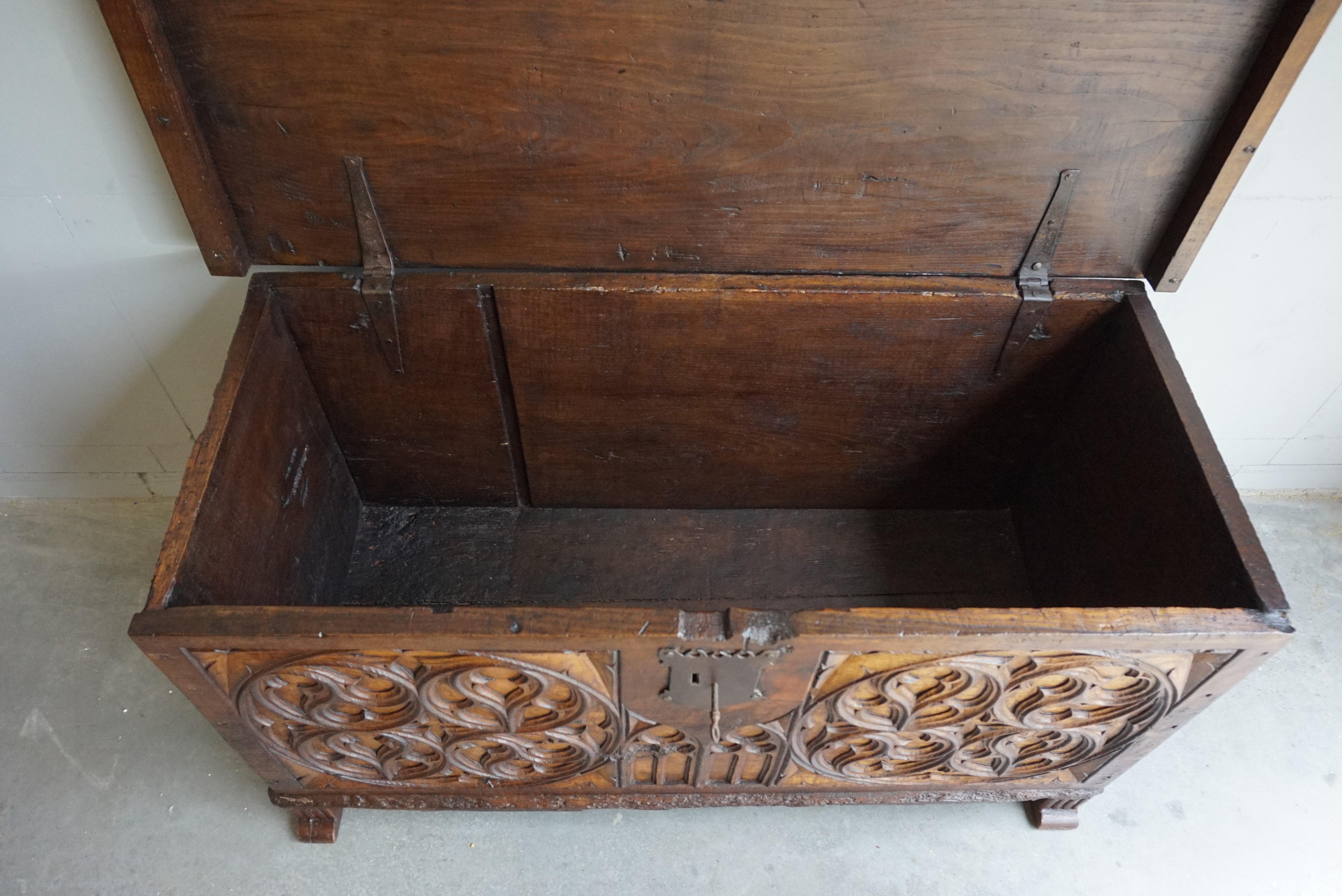 Wrought Iron Large Gothic Revival Hand Carved Elm Blanket Chest w. Perfect Working Lock & Key