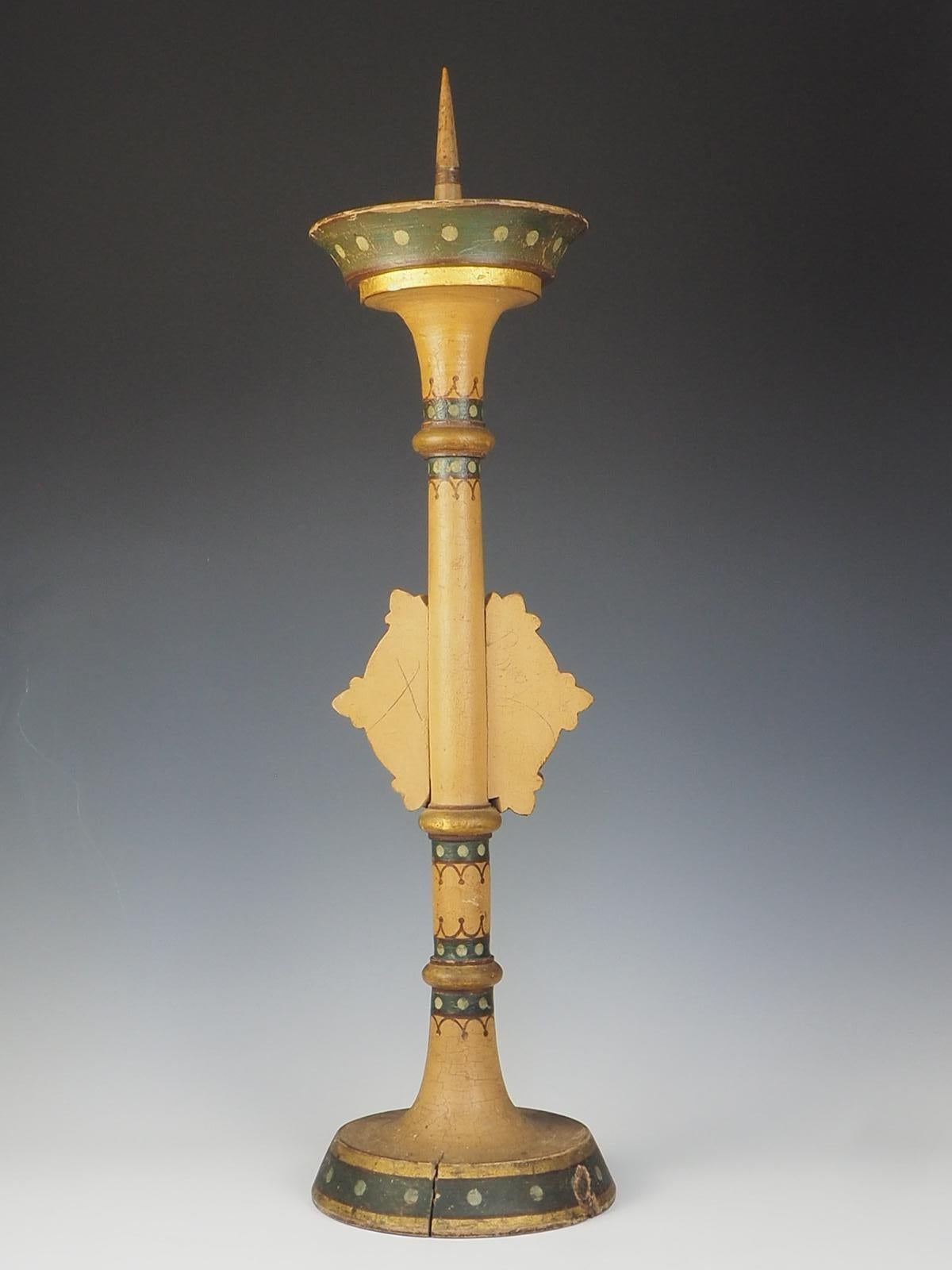 Large Gothic Revival Polychrome and Giltwood Altar Candlestick For Sale 11