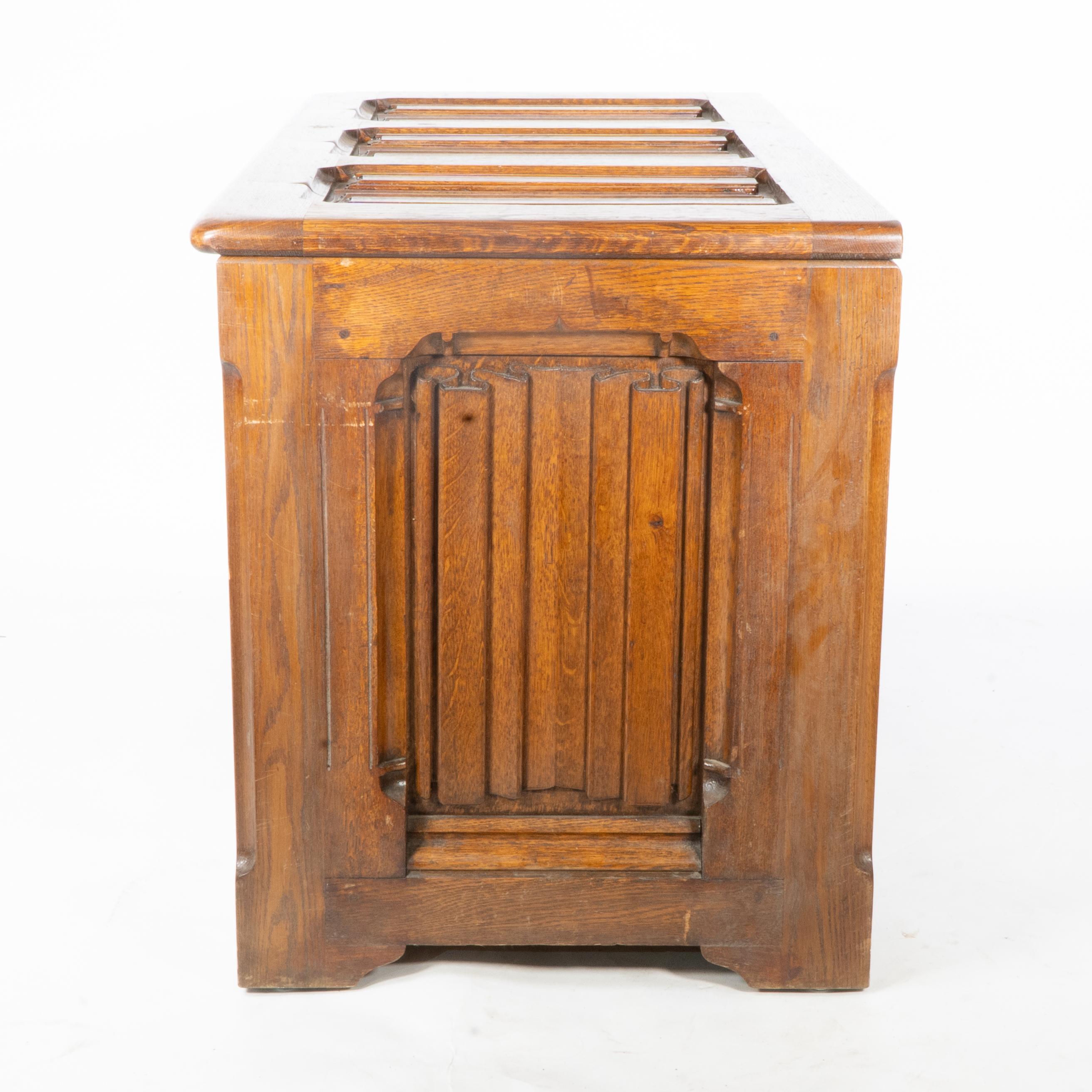 British Large Gothic Revival Style Carved Oak Blanket Chest in the Style of A.W.N. Pugin For Sale