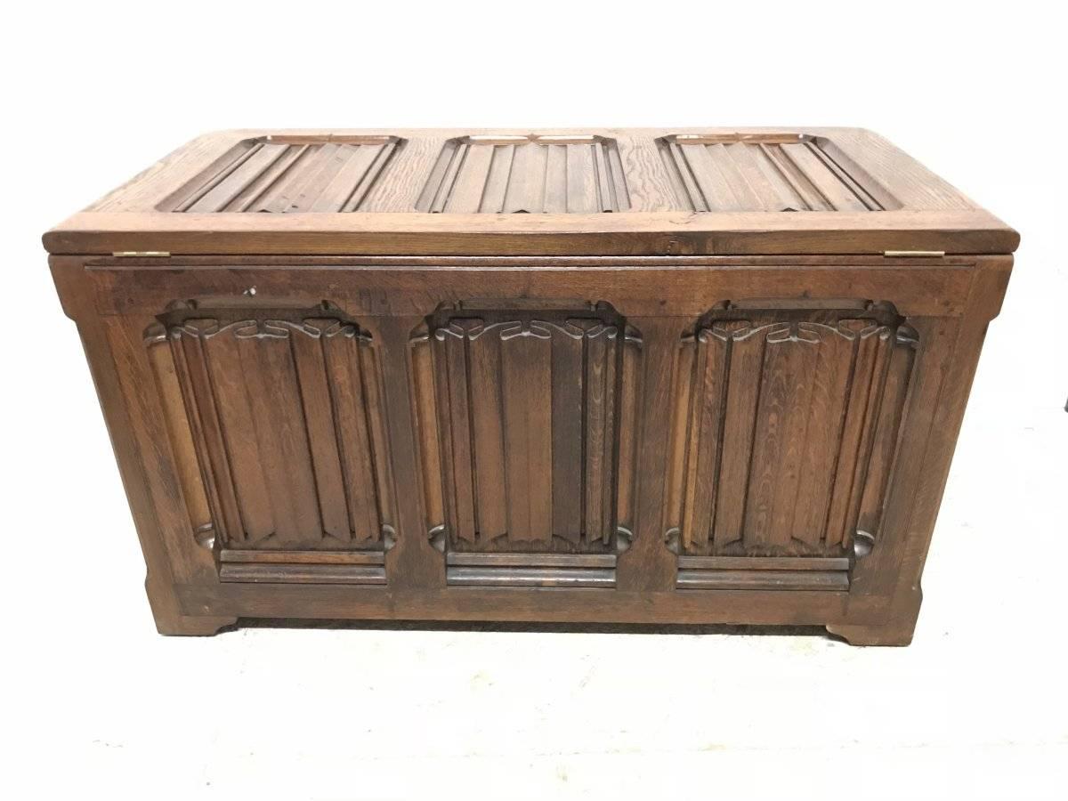 Large Gothic Revival Style Carved Oak Blanket Chest in the Style of A.W.N. Pugin For Sale 4