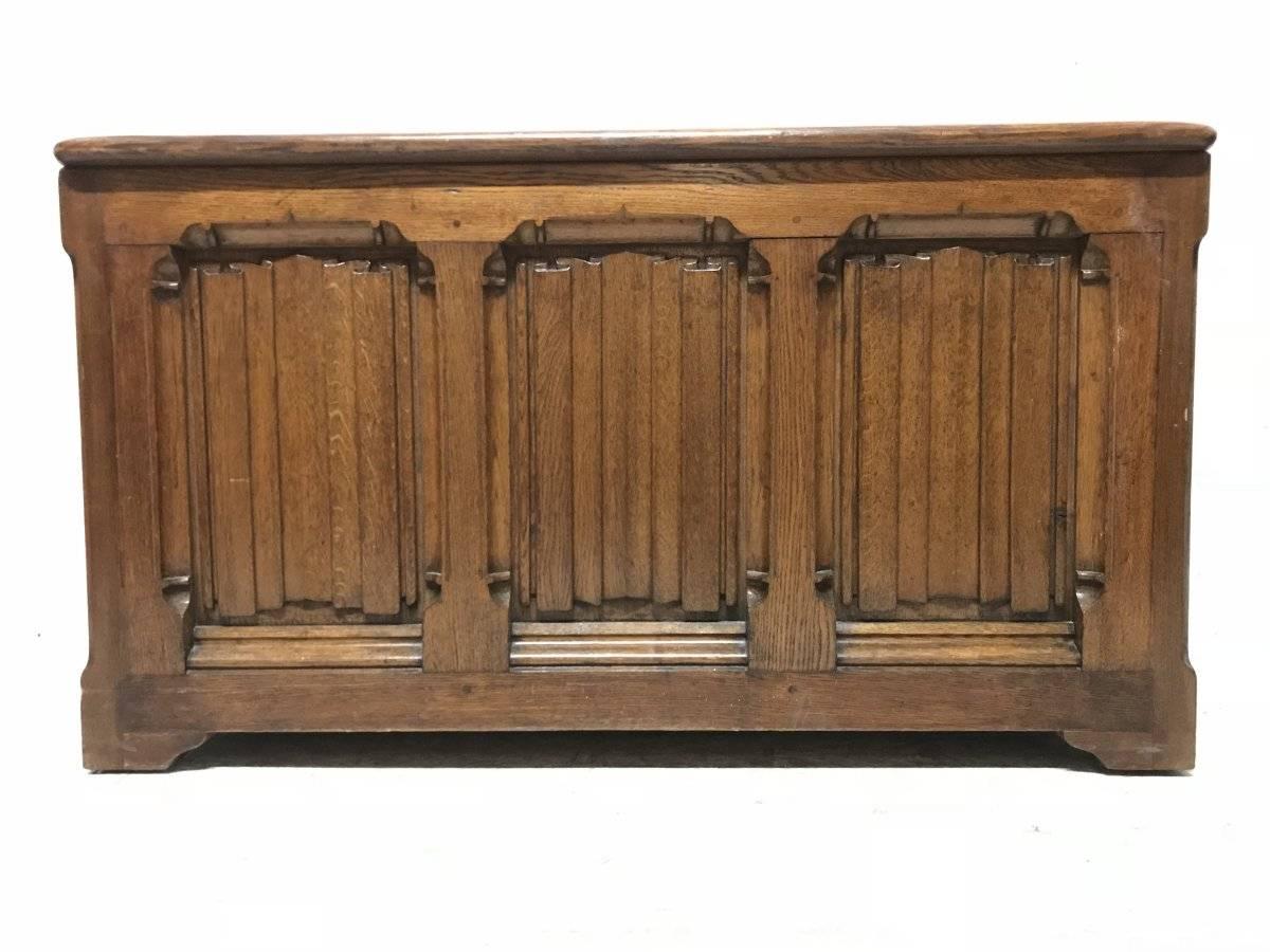 Hand-Carved Large Gothic Revival Style Carved Oak Blanket Chest in the Style of A.W.N. Pugin For Sale