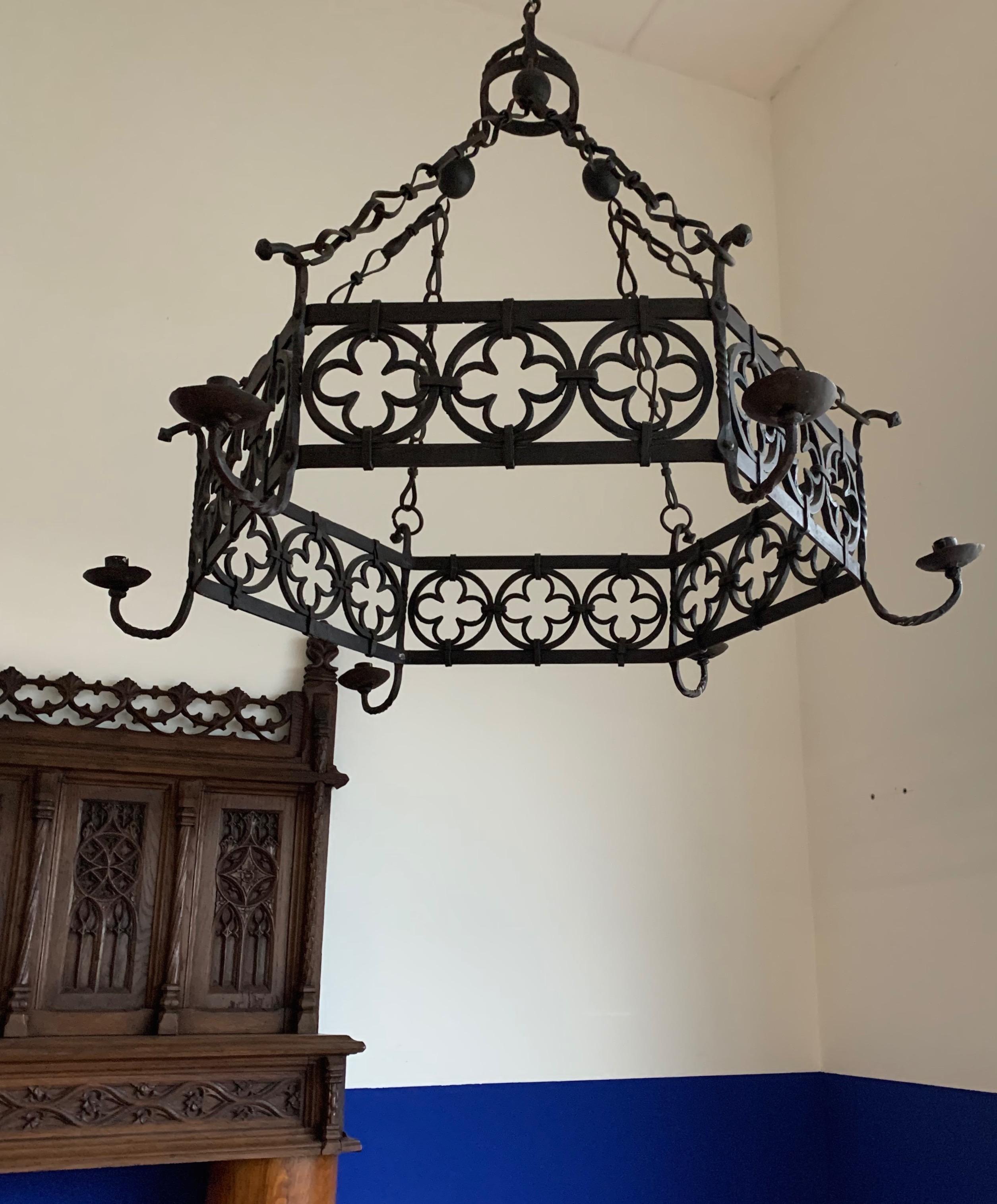 Dutch Large Gothic Revival Wrought Iron Chandelier for Dining Room / Restaurant Etc For Sale