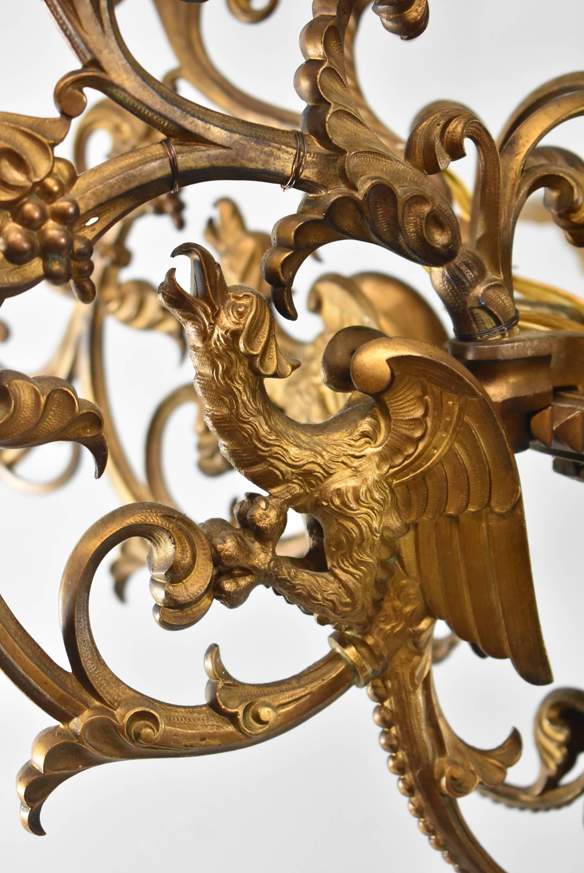 19th Century Large Gothic / Rococo Bronze Six-Arm 12-Light Chandelier with Mythical Bird For Sale