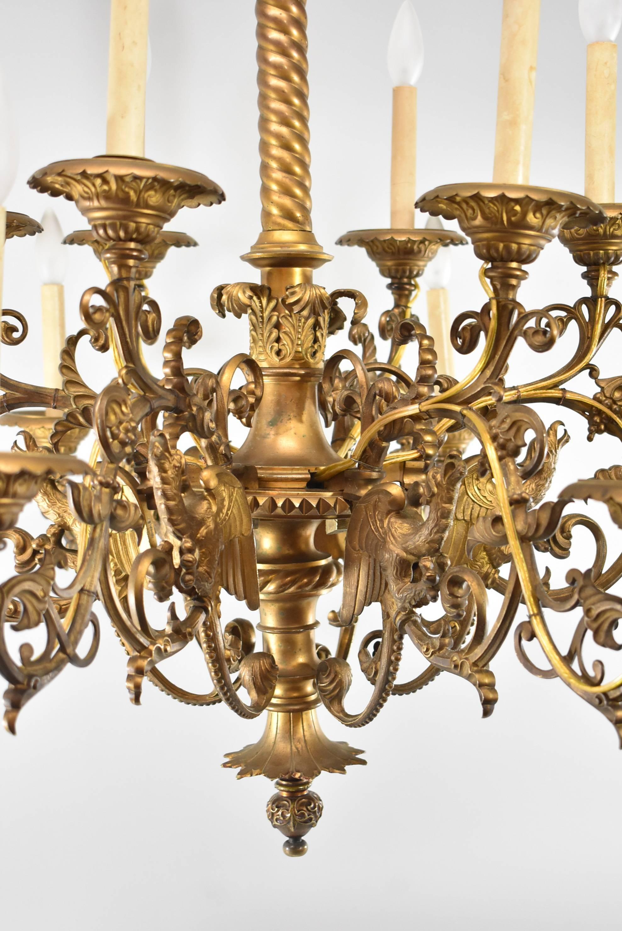 Large Gothic / Rococo Bronze Six-Arm 12-Light Chandelier with Mythical Bird For Sale 2