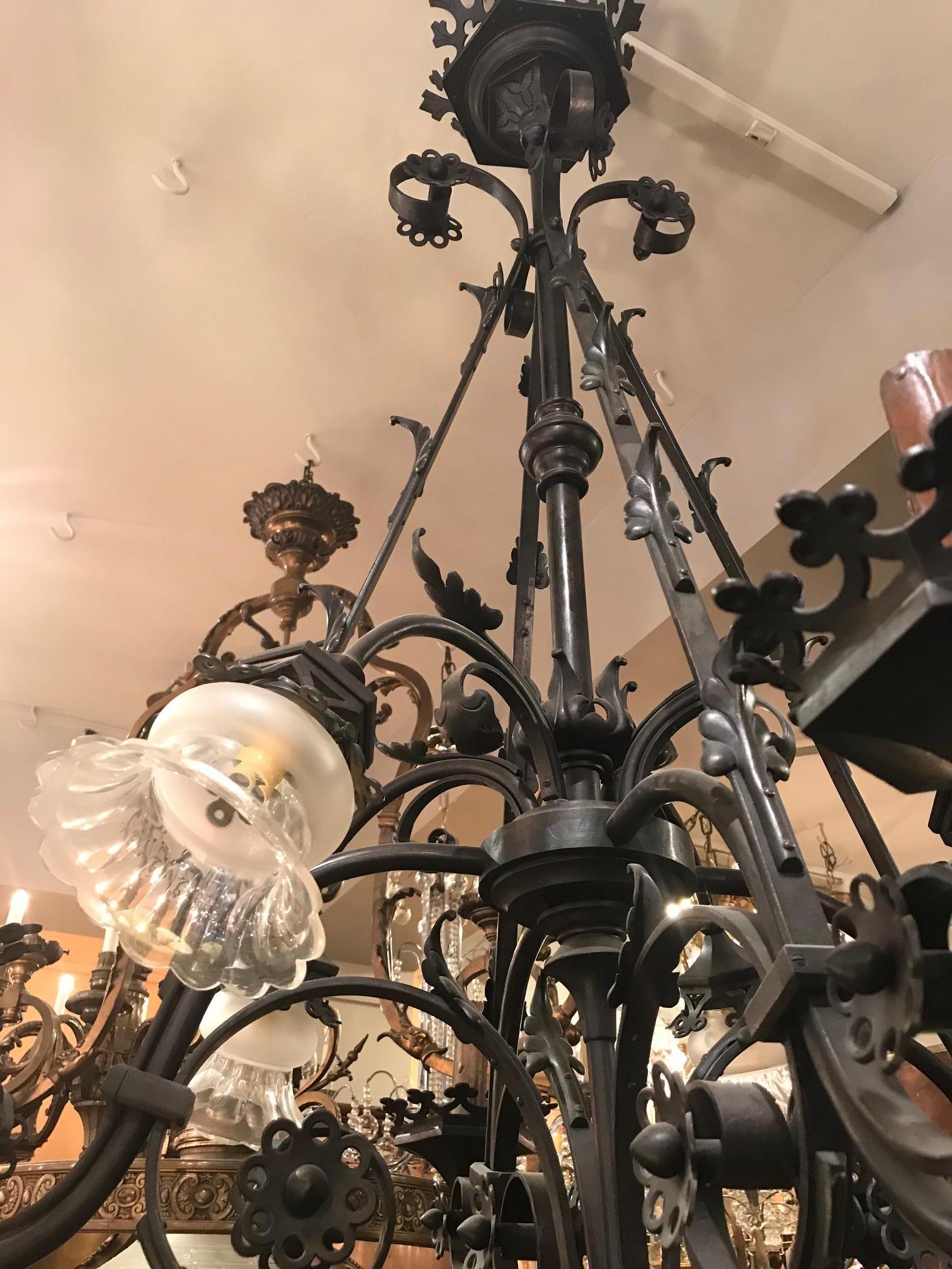 Aesthetic Movement Large Gothic Style Bronze Eight-Light Chandelier For Sale