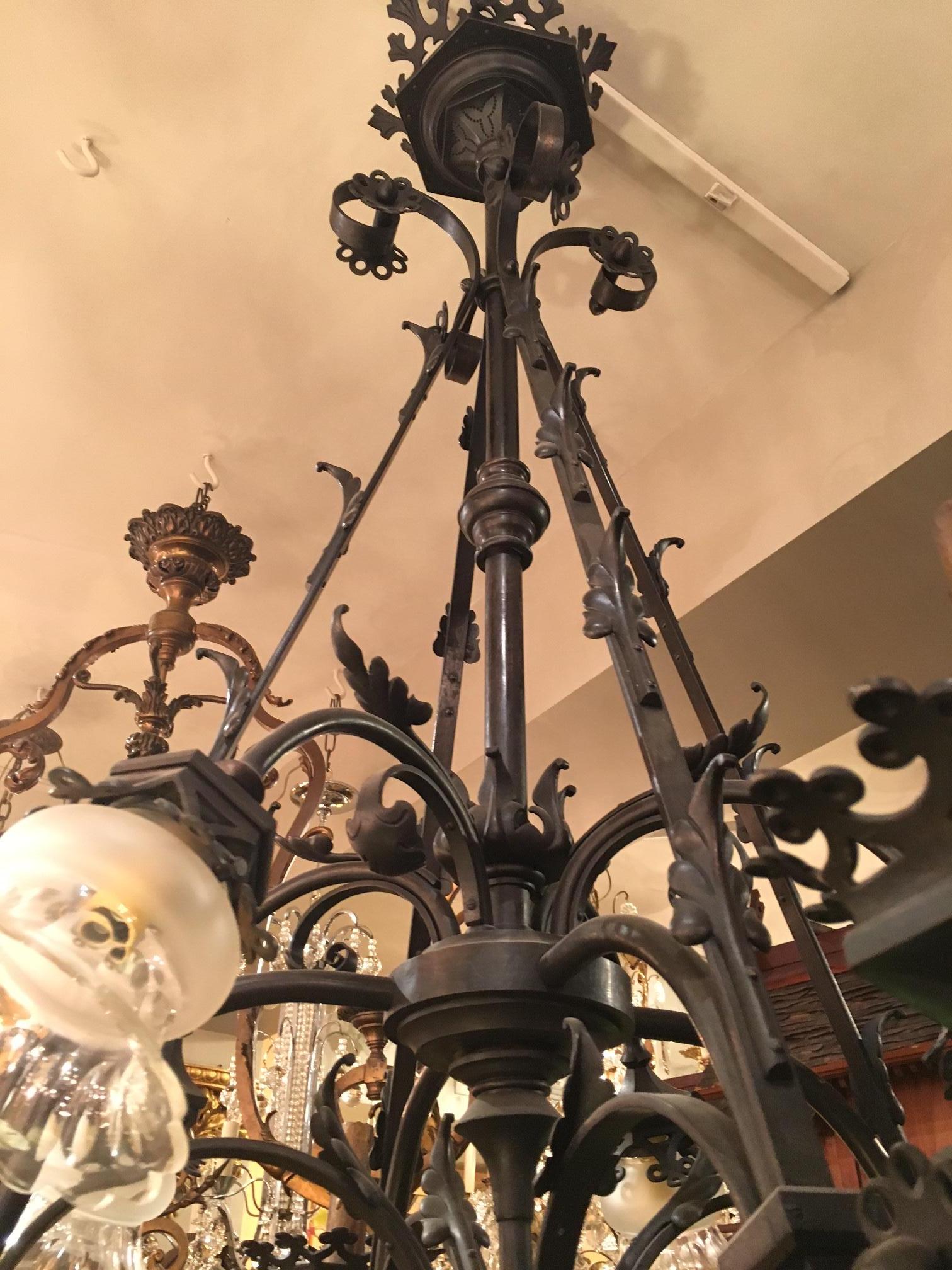 French Large Gothic Style Bronze Eight-Light Chandelier For Sale