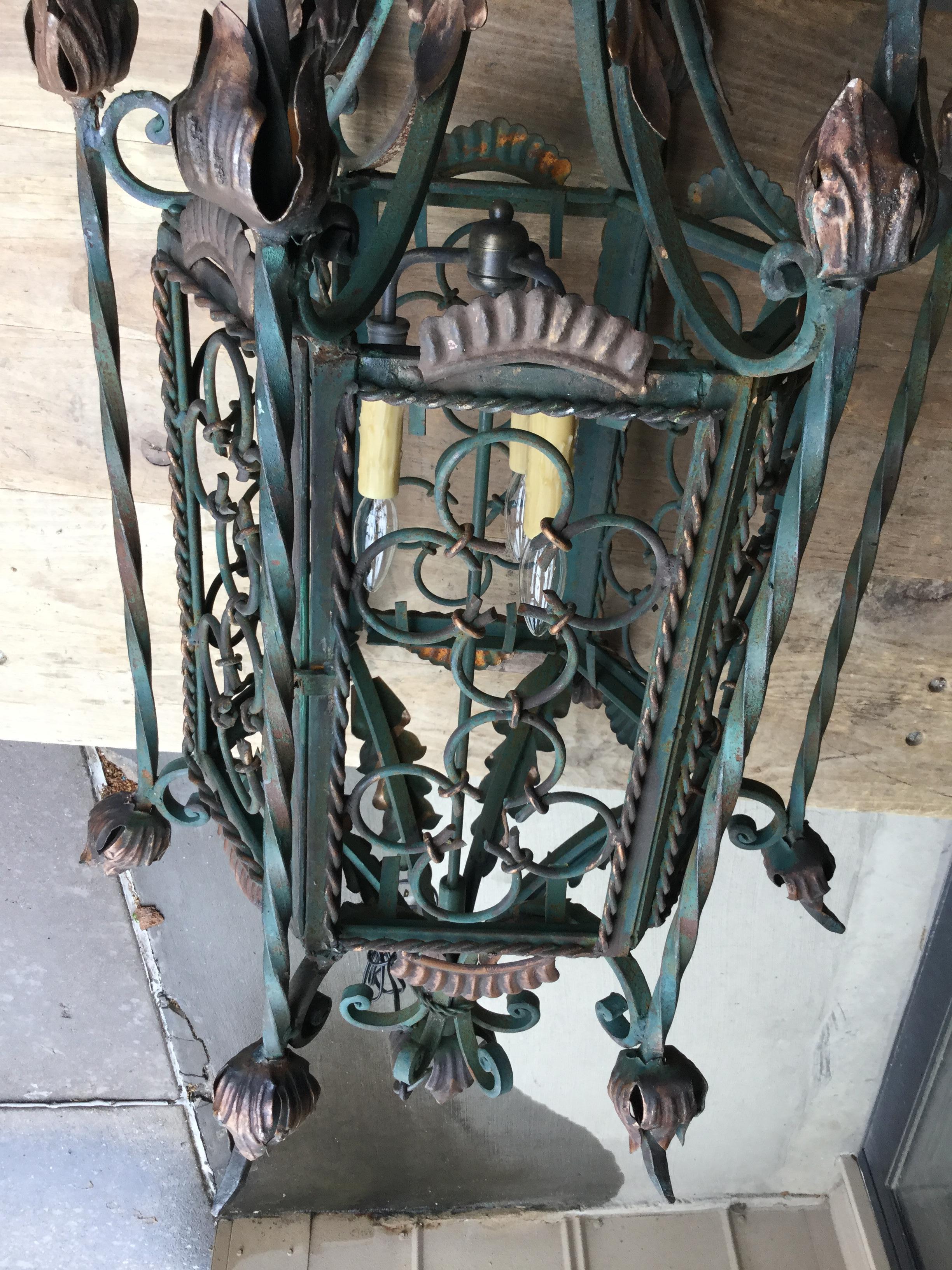 Unknown Large Gothic Style Patinated Wrought Iron Lantern with Gilt Accents