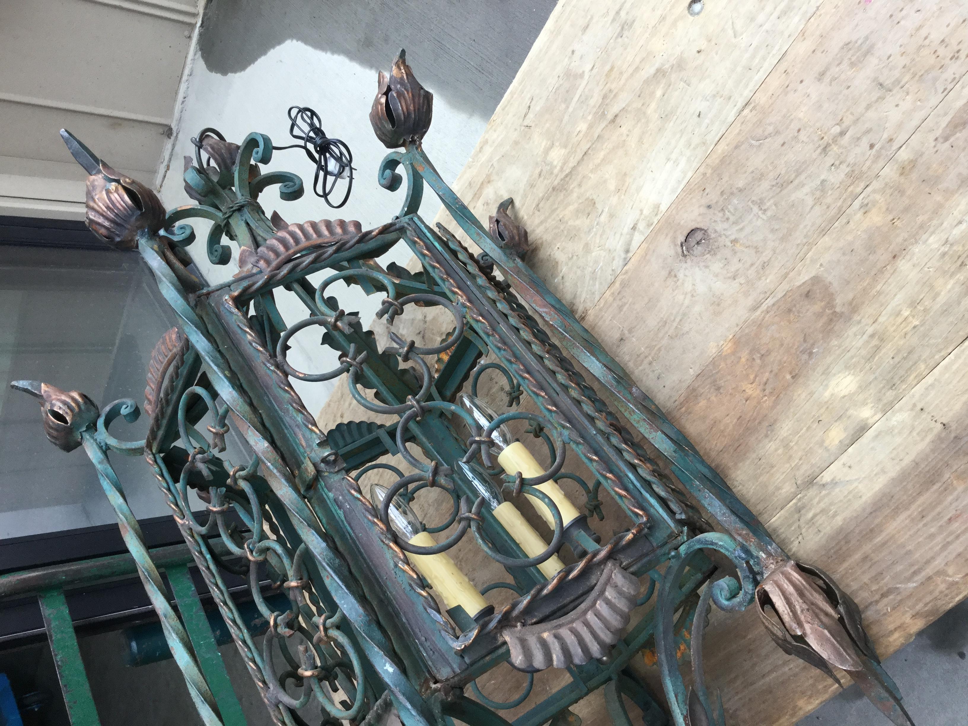 Large Gothic Style Patinated Wrought Iron Lantern with Gilt Accents In Good Condition In Houston, TX