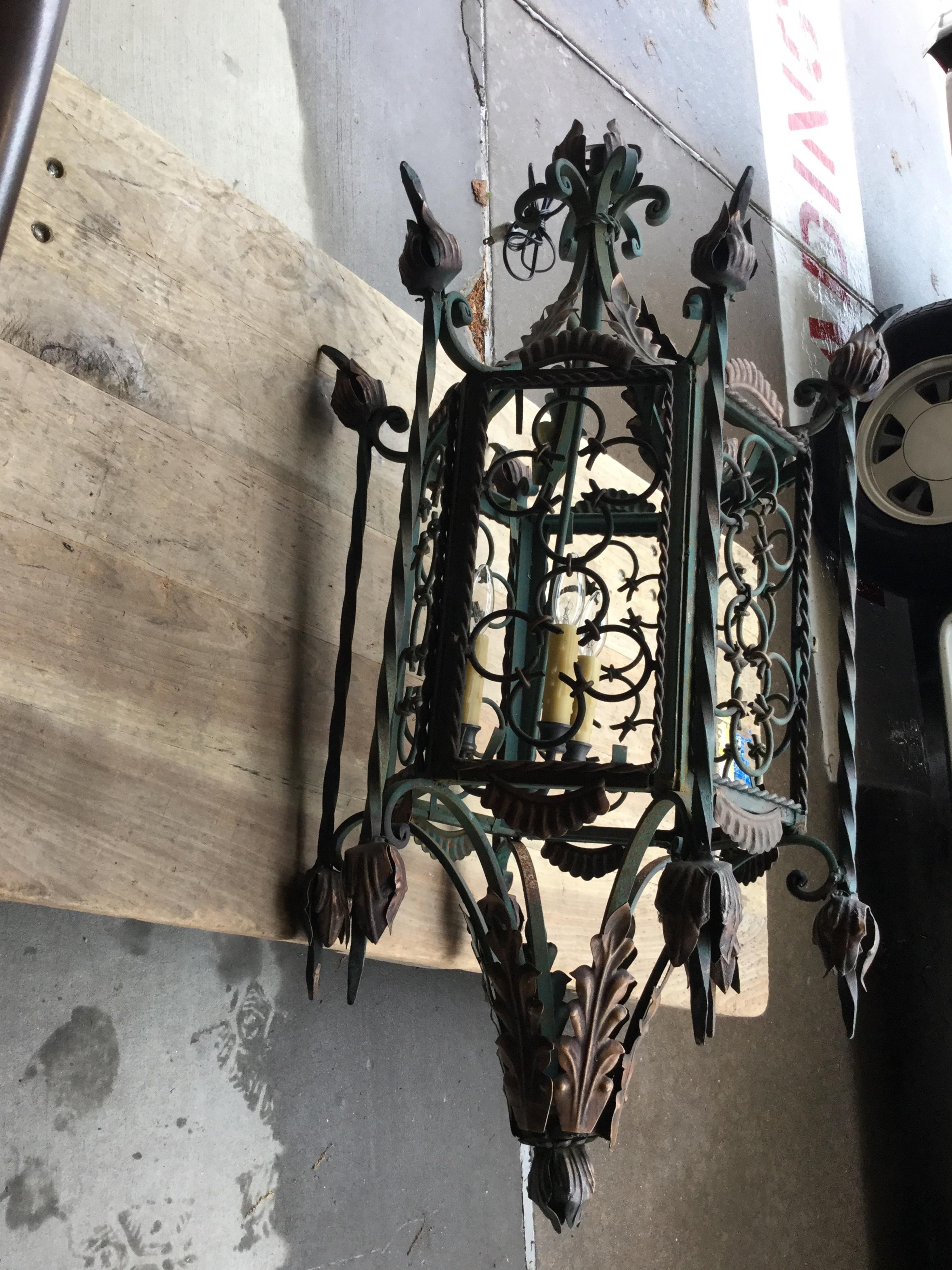 20th Century Large Gothic Style Patinated Wrought Iron Lantern with Gilt Accents