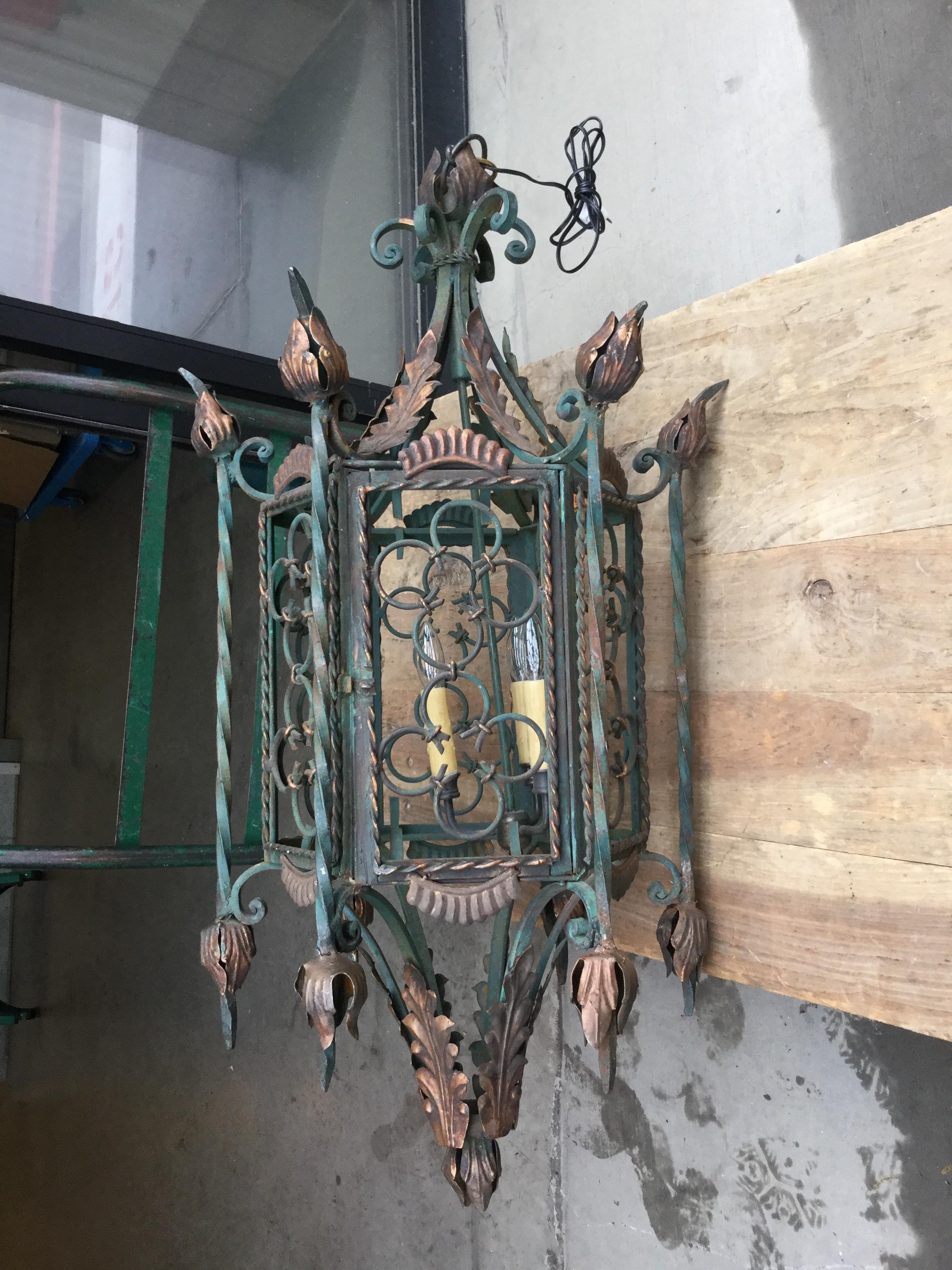 Large Gothic Style Patinated Wrought Iron Lantern with Gilt Accents 2