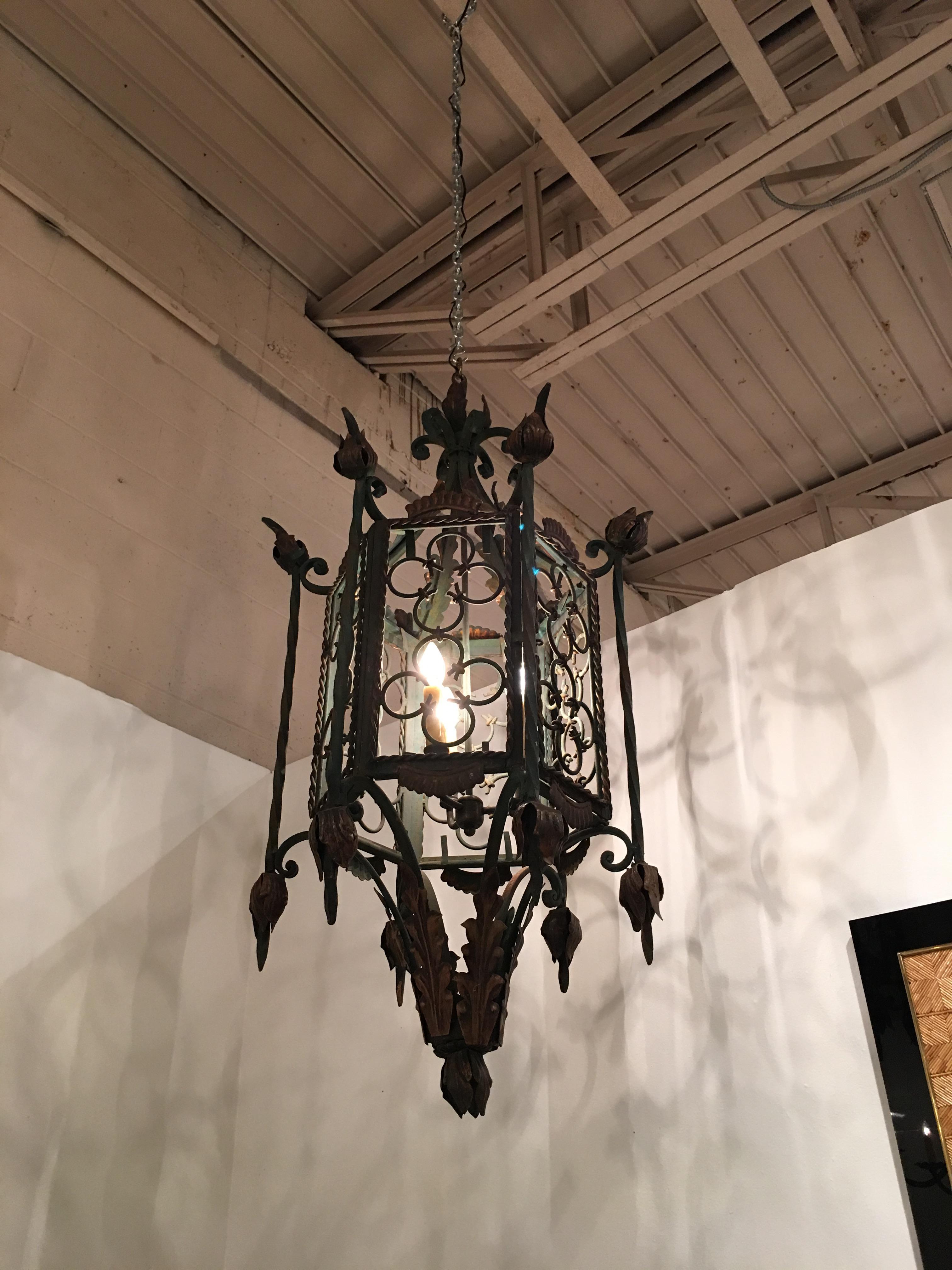 Large Gothic Style Patinated Wrought Iron Lantern with Gilt Accents 3