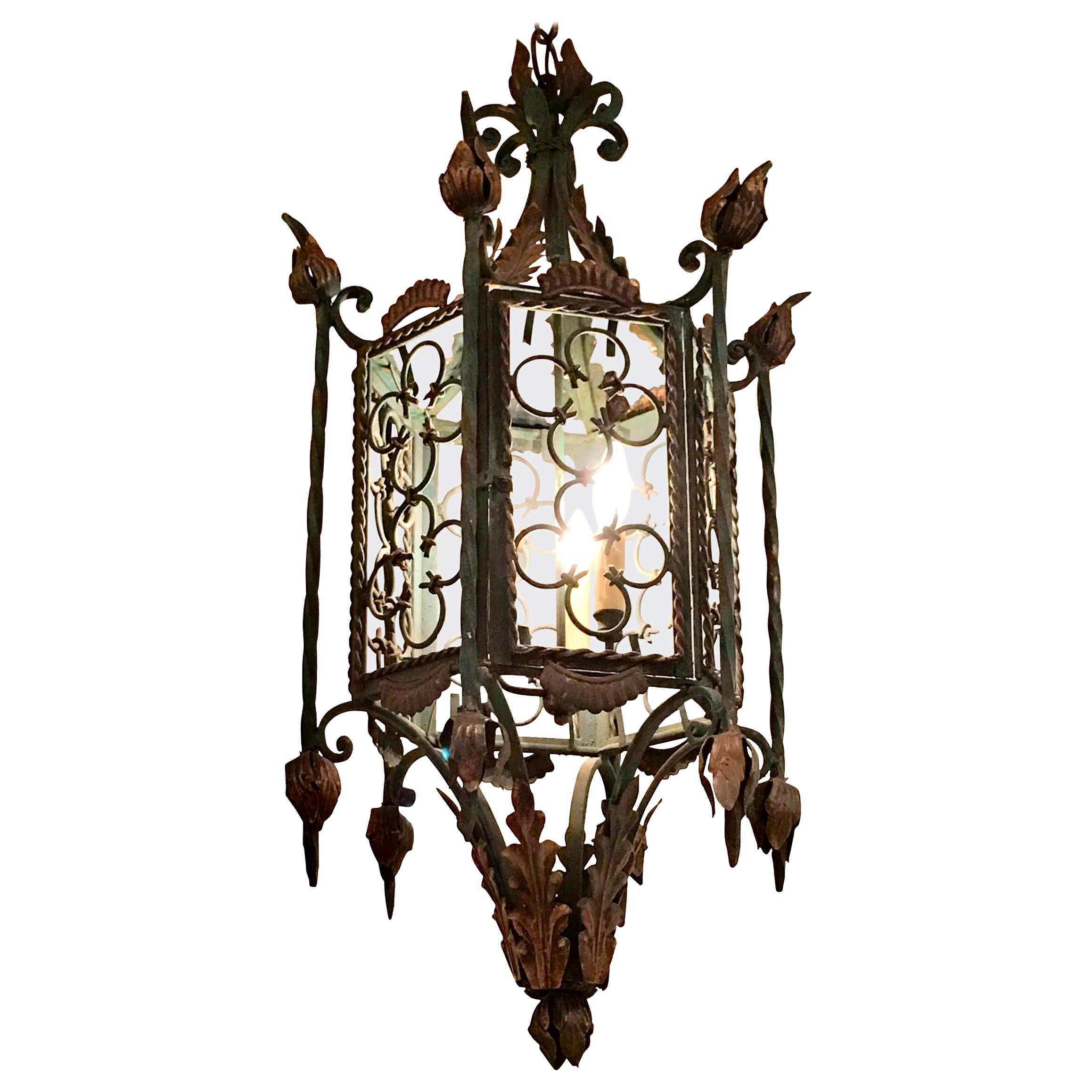 Wrought Iron Lantern Chandelier with Stained Glass at 1stdibs