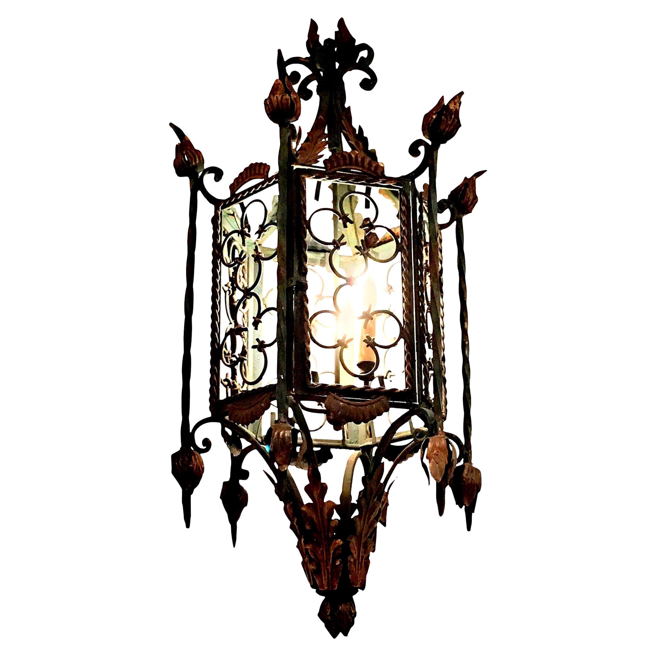 Large Gothic Style Patinated Wrought Iron Lantern with Gilt Accents