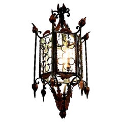 Large Gothic Style Patinated Wrought Iron Lantern with Gilt Accents