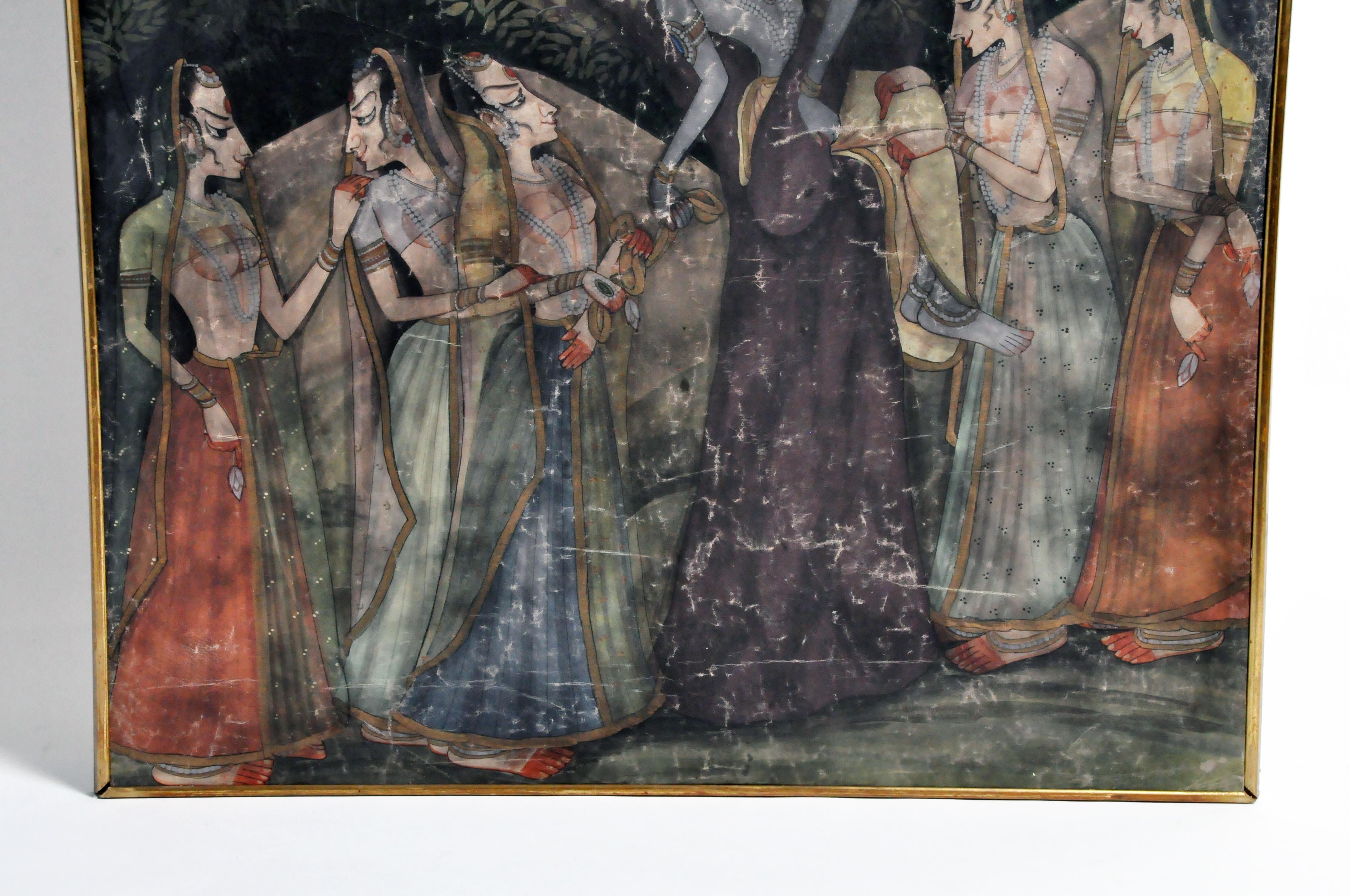 Canvas Large Gouache Painting of Krishna with Female Gopis Dancing