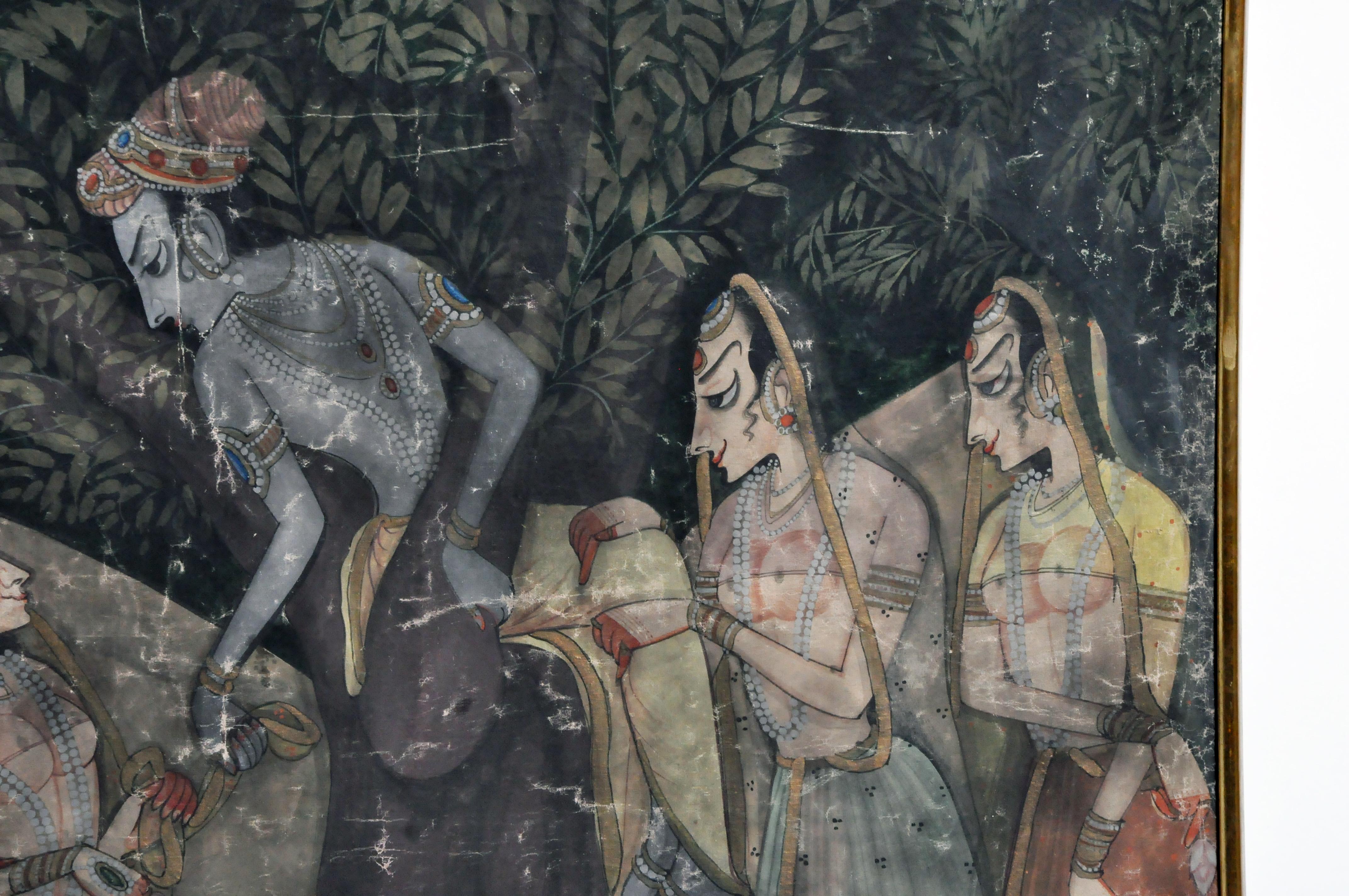 Large Gouache Painting of Krishna with Female Gopis Dancing 1