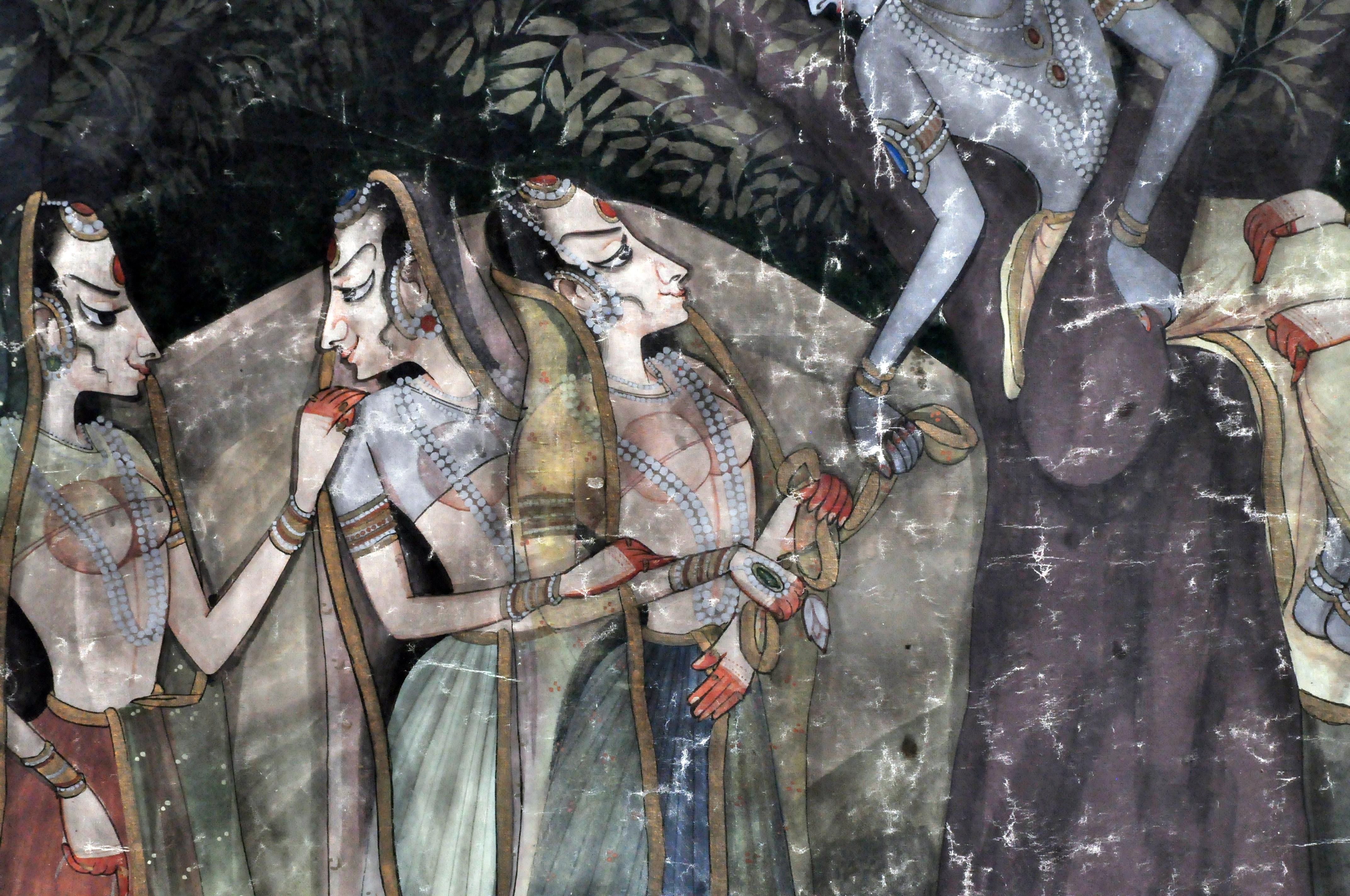 Large Gouache Painting of Krishna with Female Gopis Dancing 2