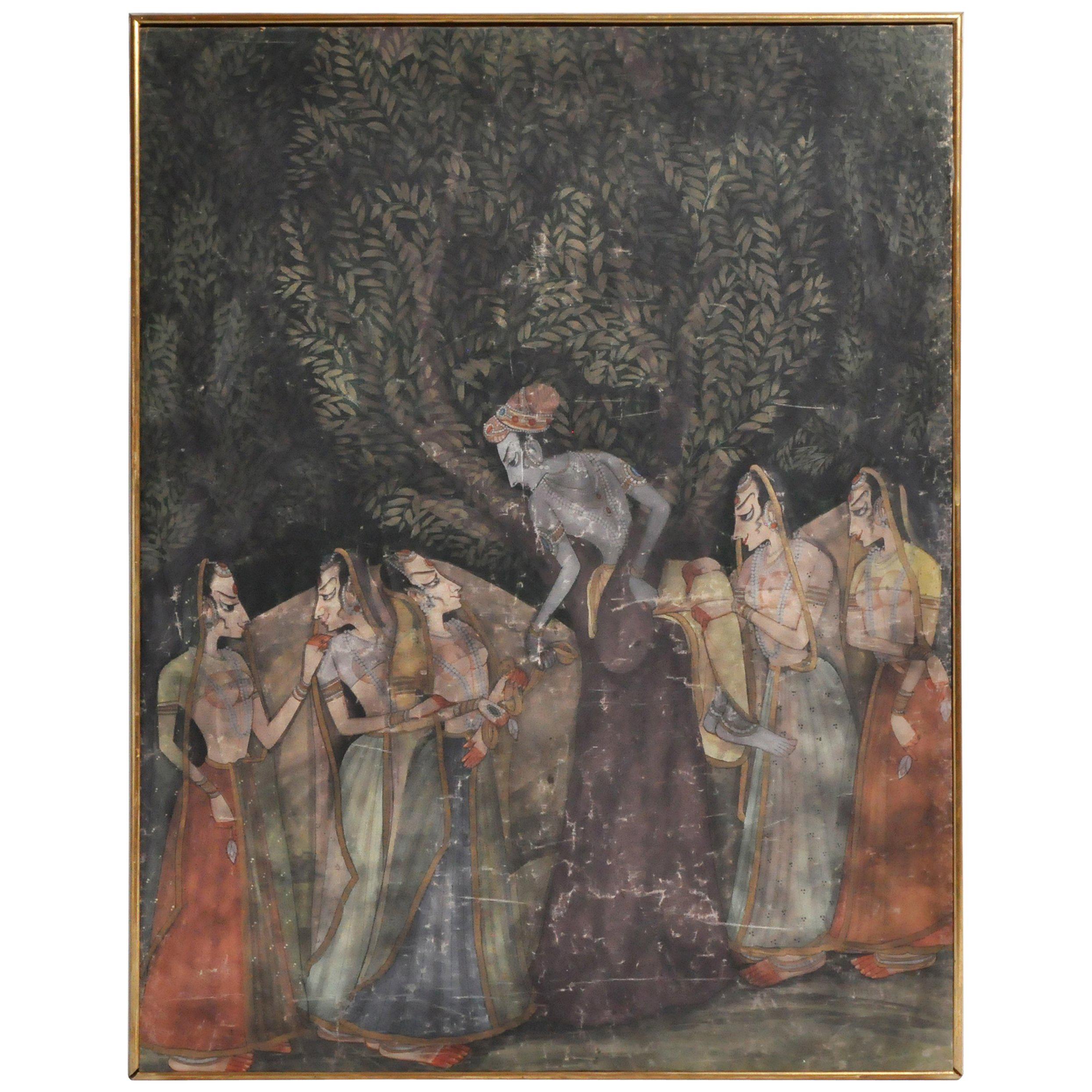 Large Gouache Painting of Krishna with Female Gopis Dancing