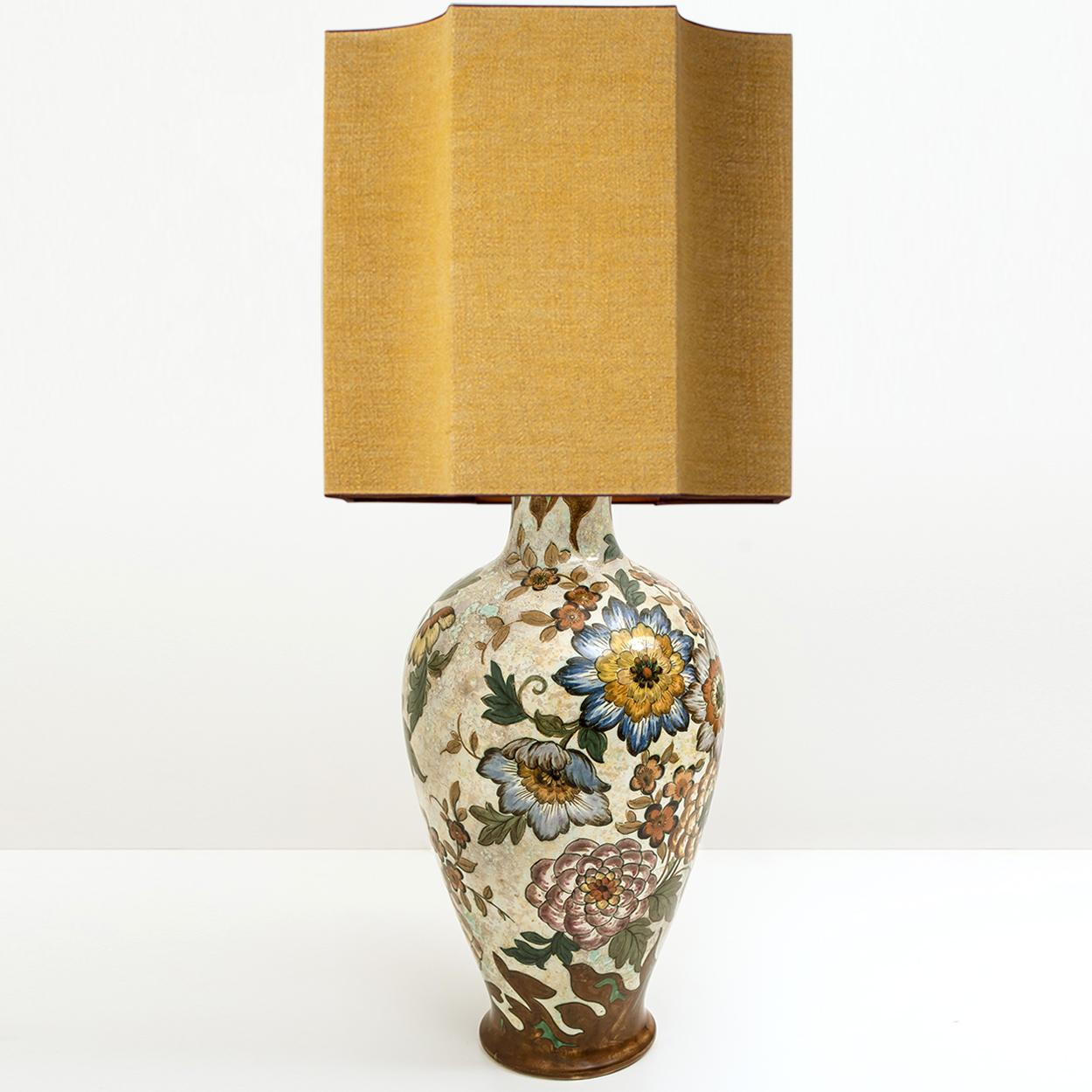 Large Gouda Royal Table Lamp with Silk Shade by R Houben, Hand Painted, 1930 2