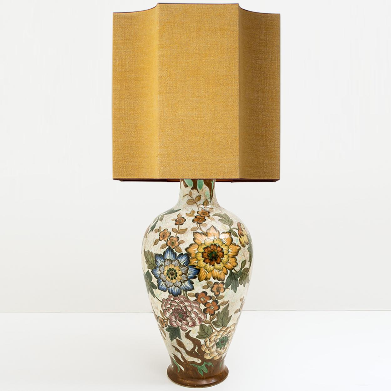 Ceramic Large Gouda Royal Table Lamp with Silk Shade by R Houben, Hand Painted, 1930