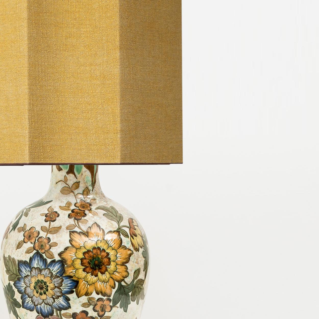 Large Gouda Royal Table Lamp with Silk Shade by R Houben, Hand Painted, 1930 1
