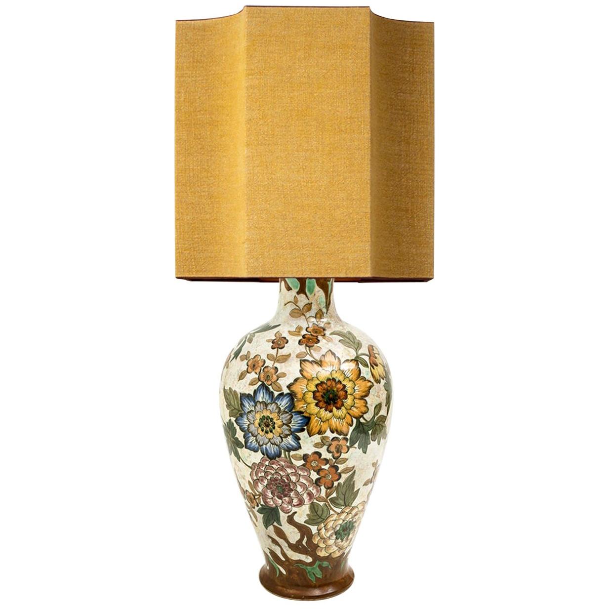 Large Gouda Royal Table Lamp with Silk Shade by R Houben, Hand Painted, 1930