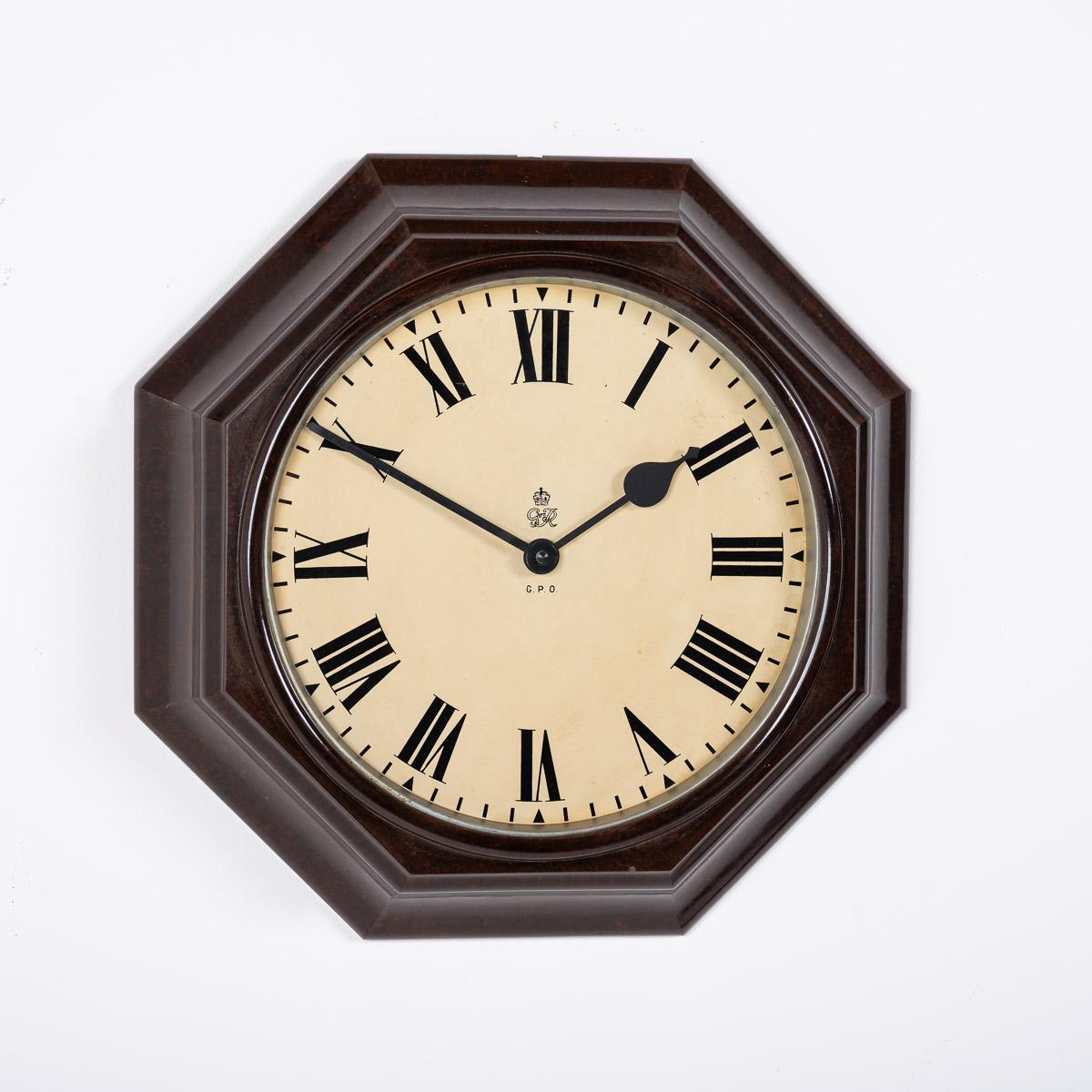 British Large G.P.O Octagonal Bakelite Case Wall Clock By Gents Of Leicester