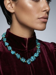 Large Graduated Freeform Turquoise with 18K Gold Bead Vintage Necklace